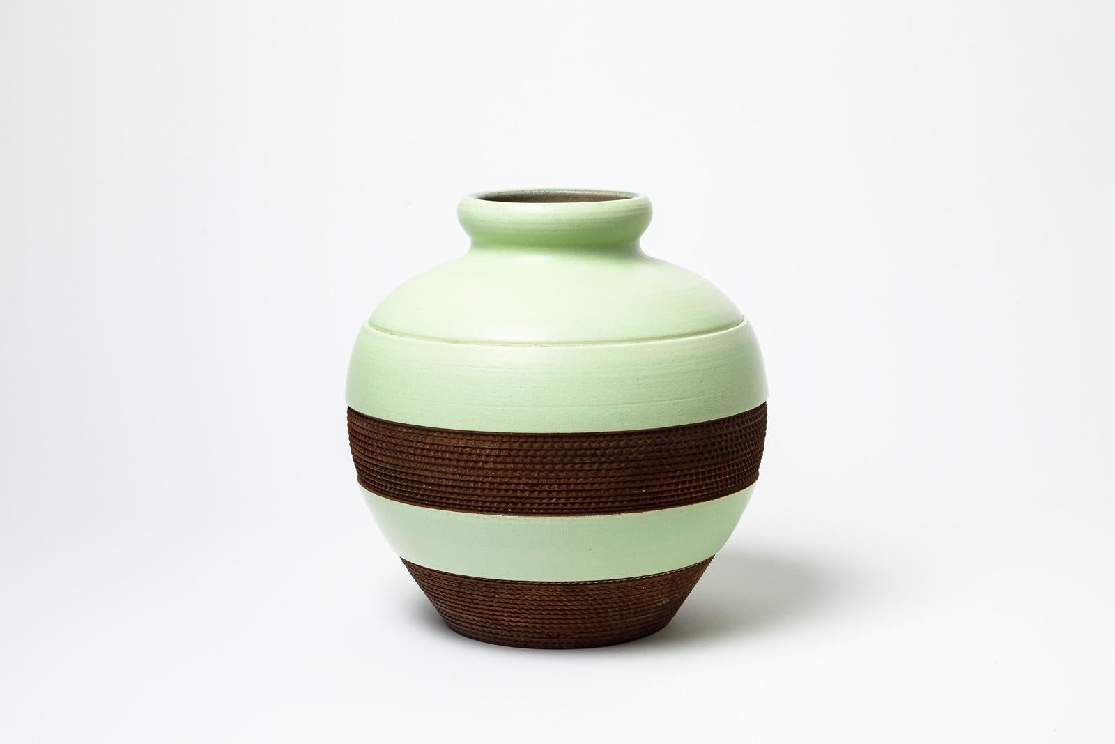 Art Deco Green and brown glazed stoneware vase by Pol Chambost, circa 1930. For Sale