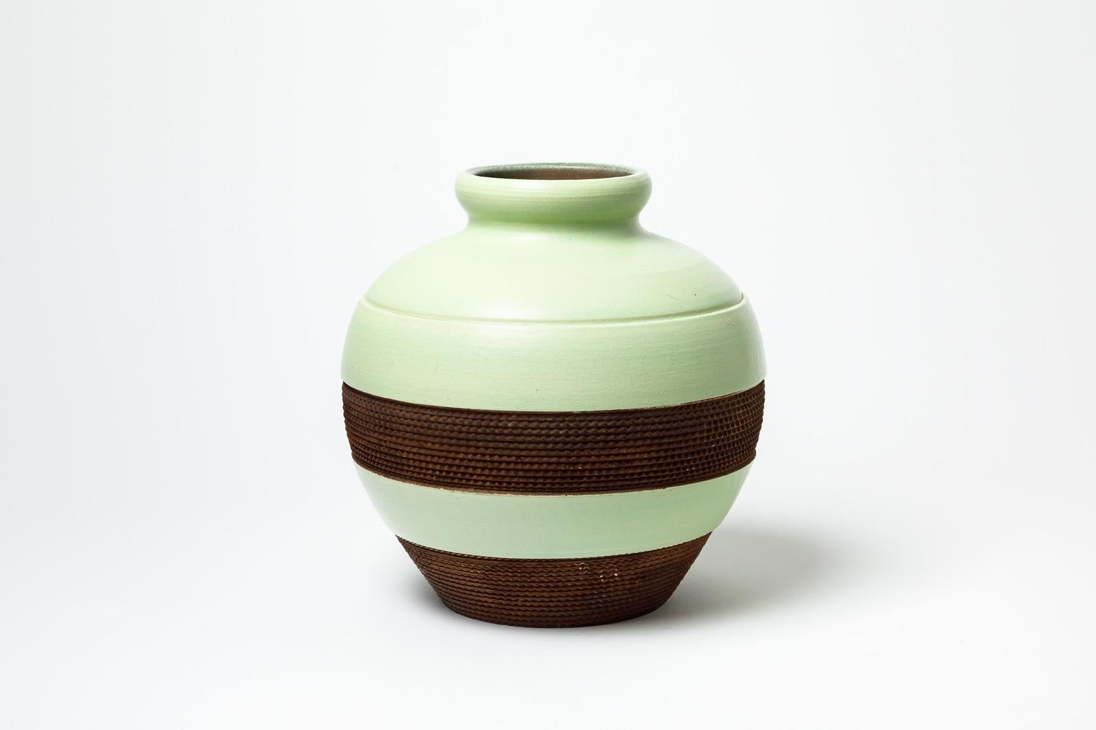 French Green and brown glazed stoneware vase by Pol Chambost, circa 1930. For Sale