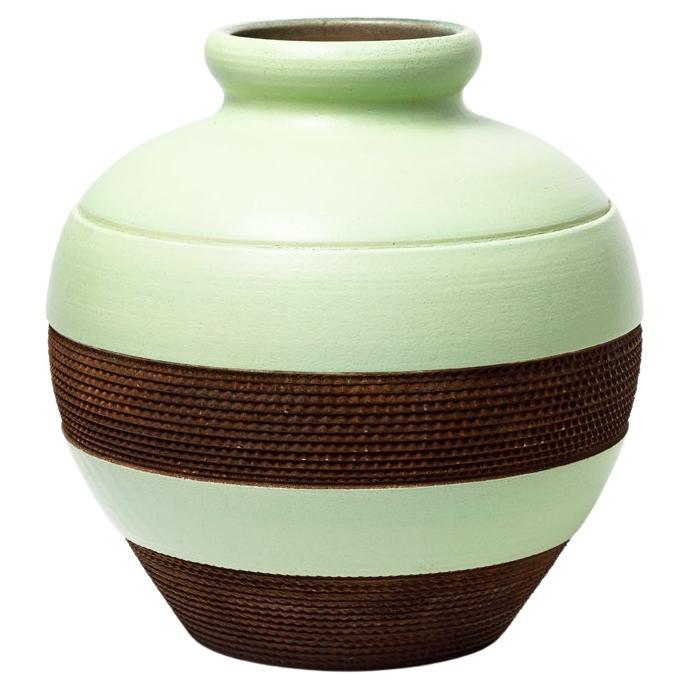 Vaso in gres smaltato verde e marrone di Pol Chambost, 1930 circa.