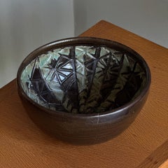 Green and Brown Incised, Stoneware Bowl, Denmark, 1960s