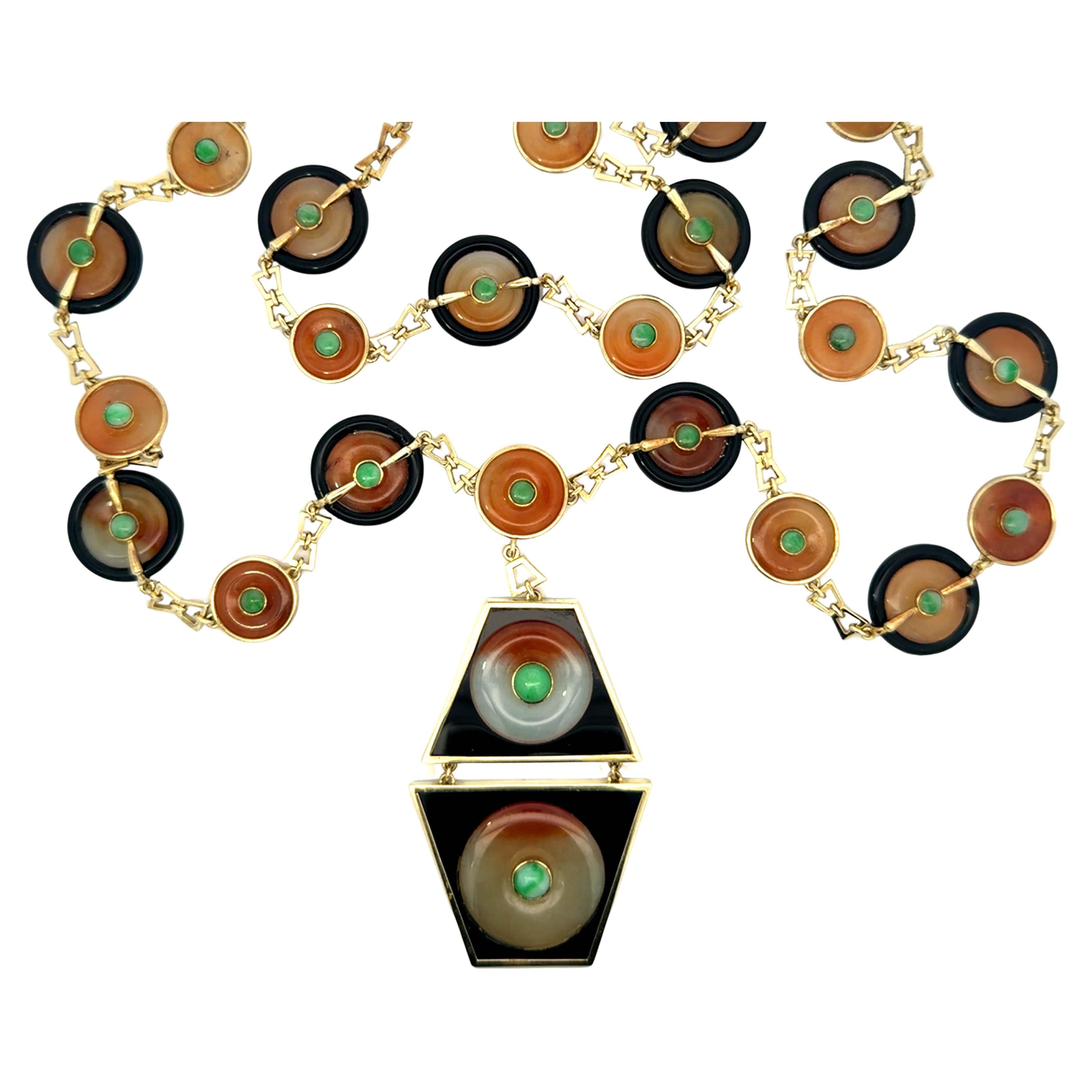 Green and Brown Jade Onyx Strand 20" Necklace 14K Yellow Gold im Angebot