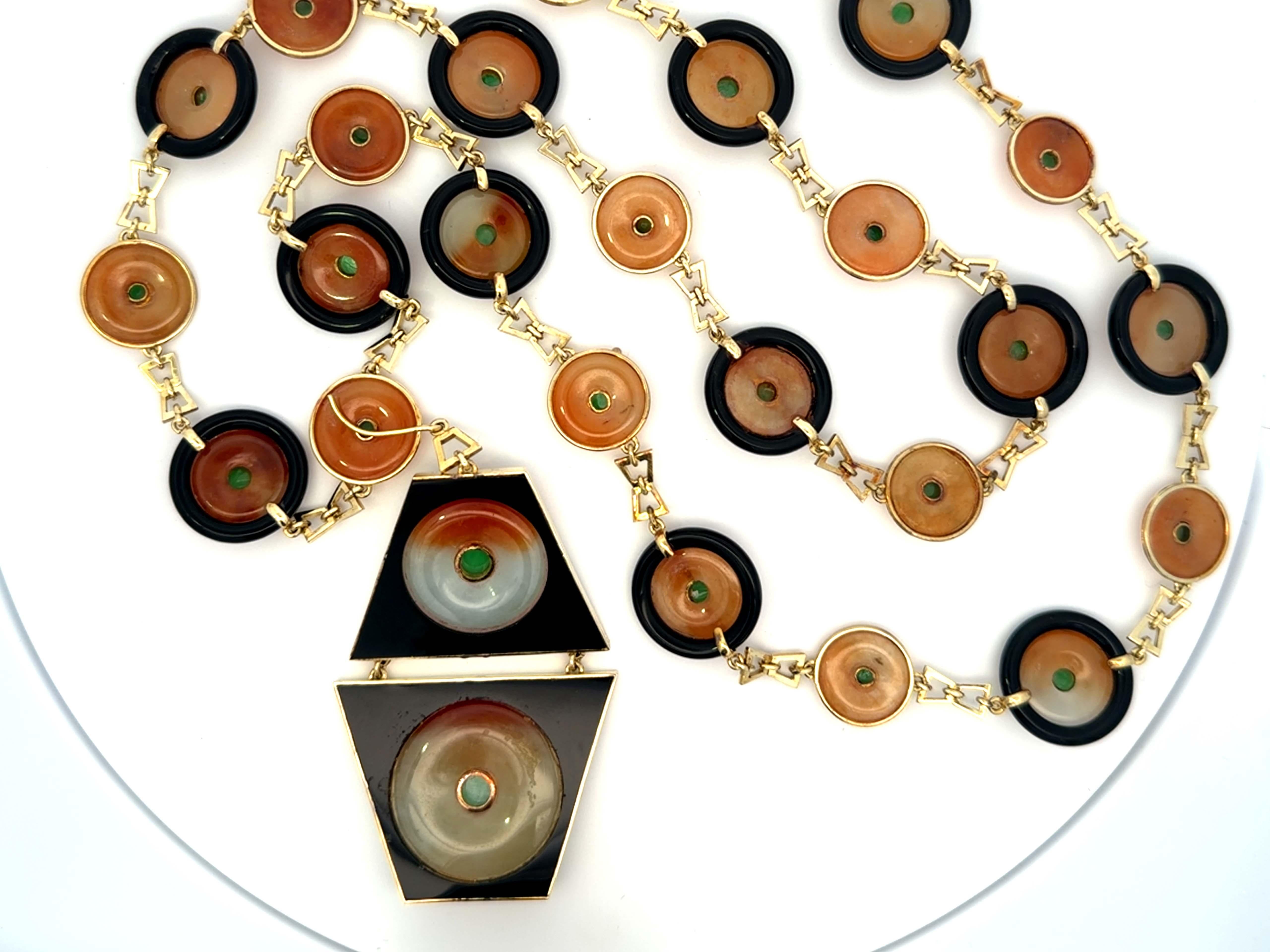 Collana in oro giallo 14K con fili di giada verde e marrone e onice da 20 pollici in vendita