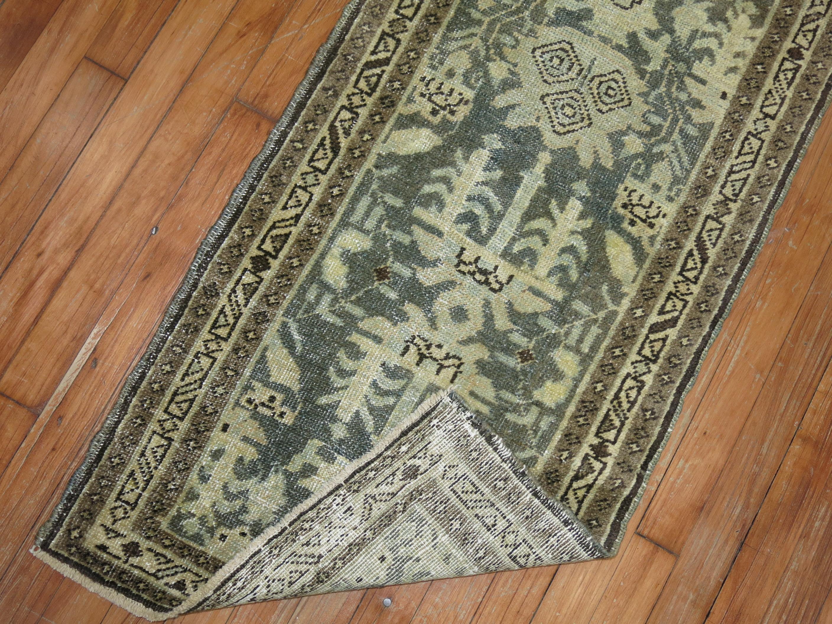 Narrow one of a kind Persian runner in dark green and brown. You have a narrow hallway then this might be the one.