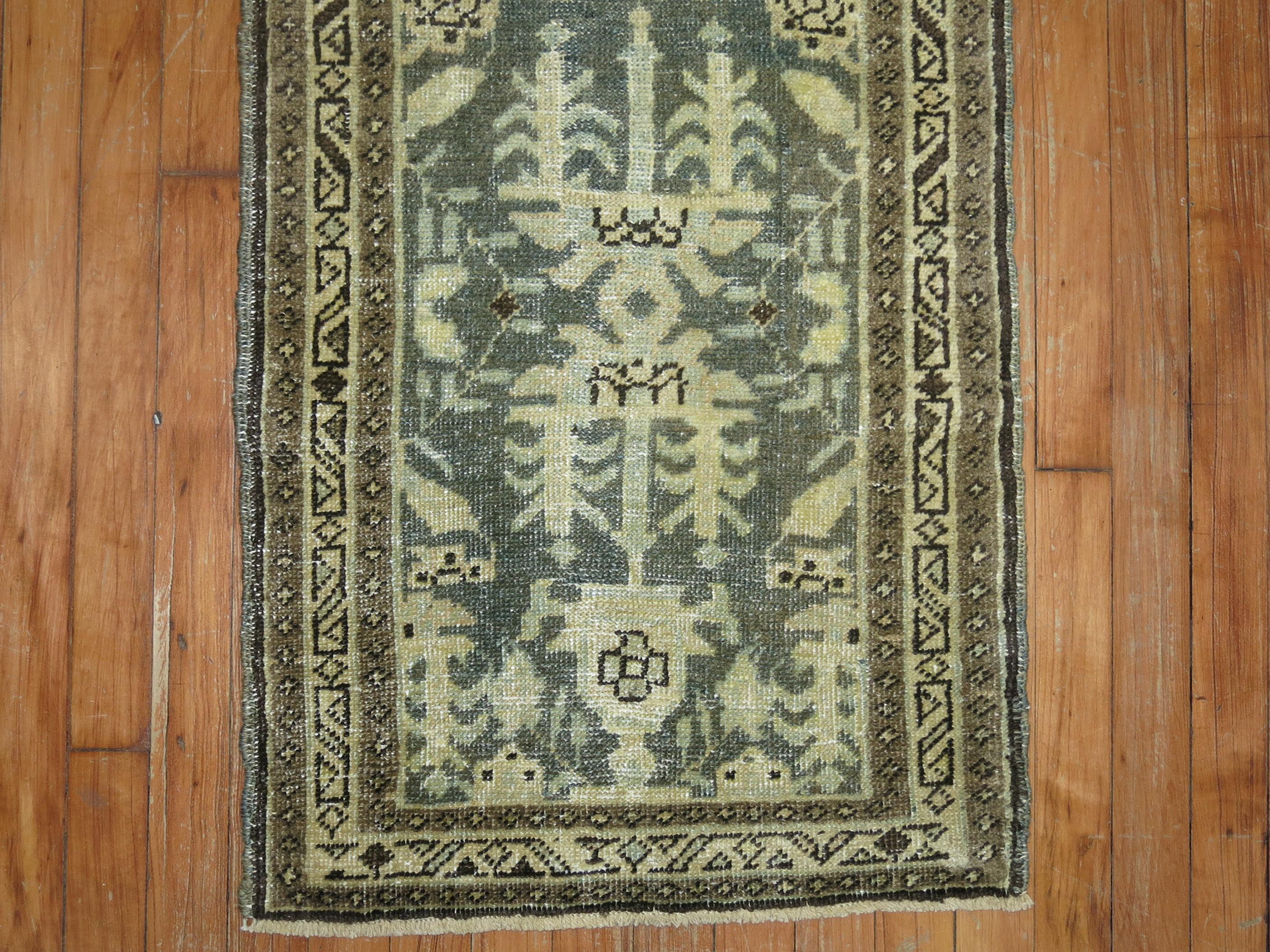 Malayer Green and Brown Narrow Persian Runner For Sale