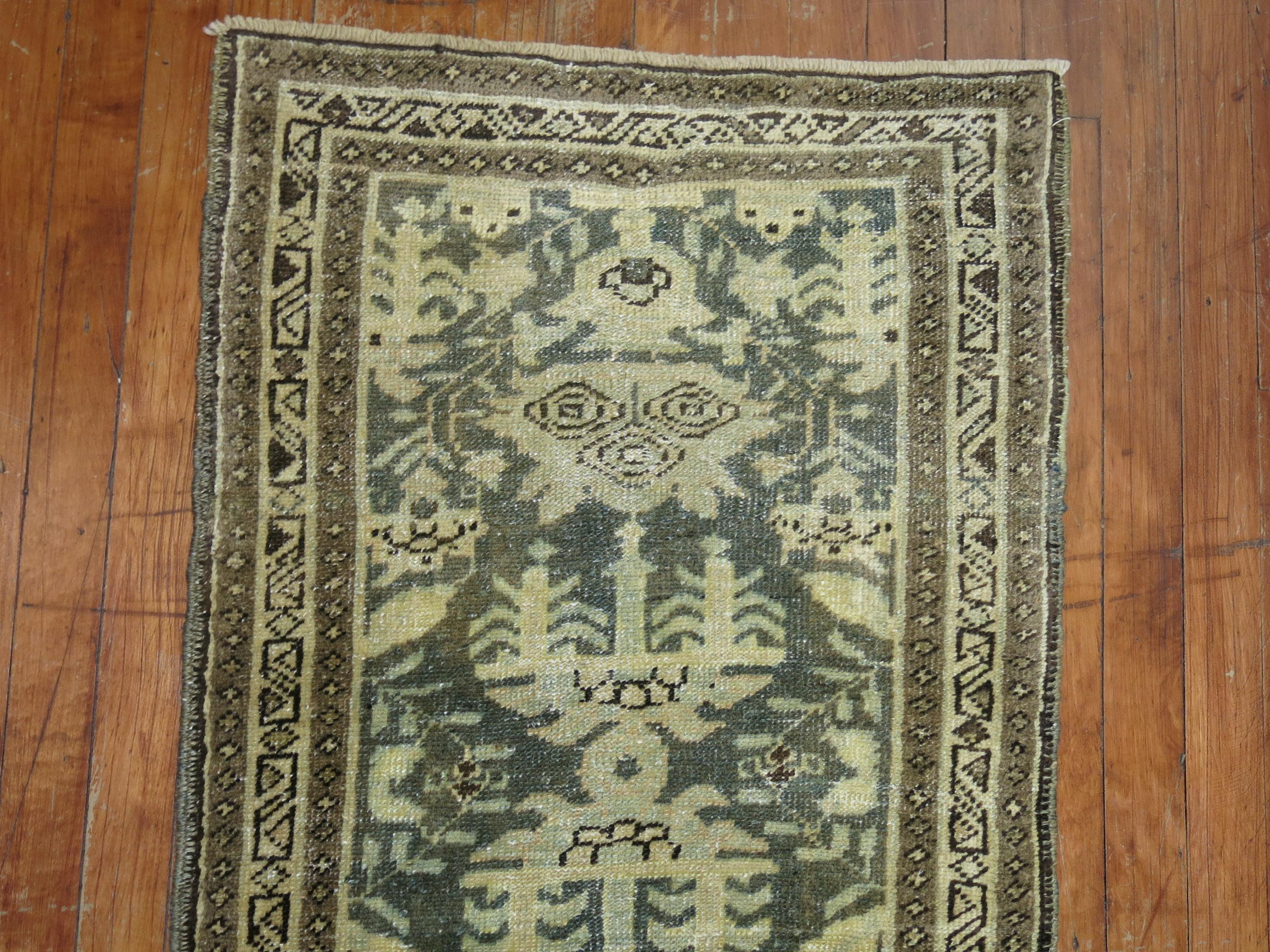 Green and Brown Narrow Persian Runner In Fair Condition For Sale In New York, NY