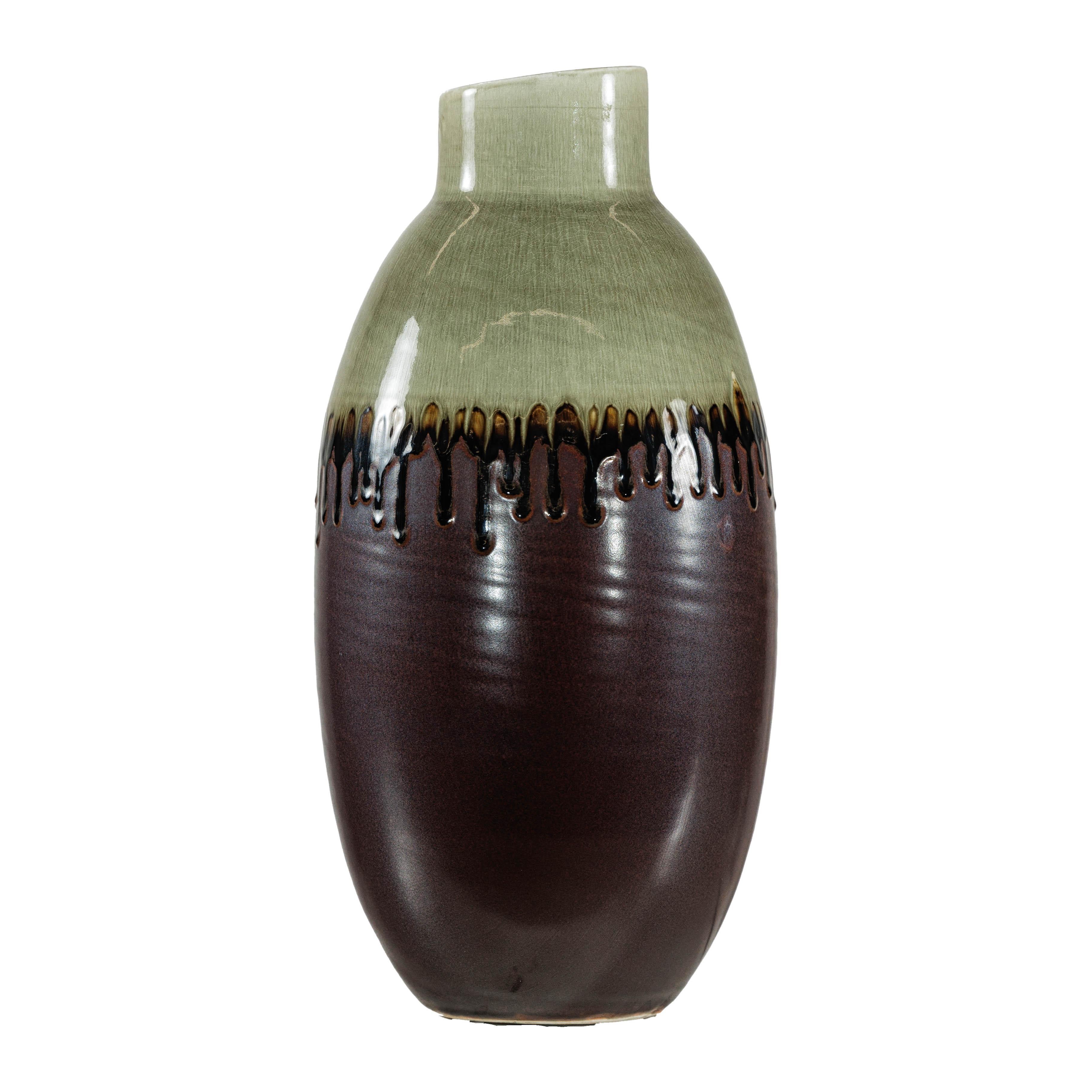 Grüne und braune Vase mit Tropfglasur und asymmetrischem Rand im Angebot 6
