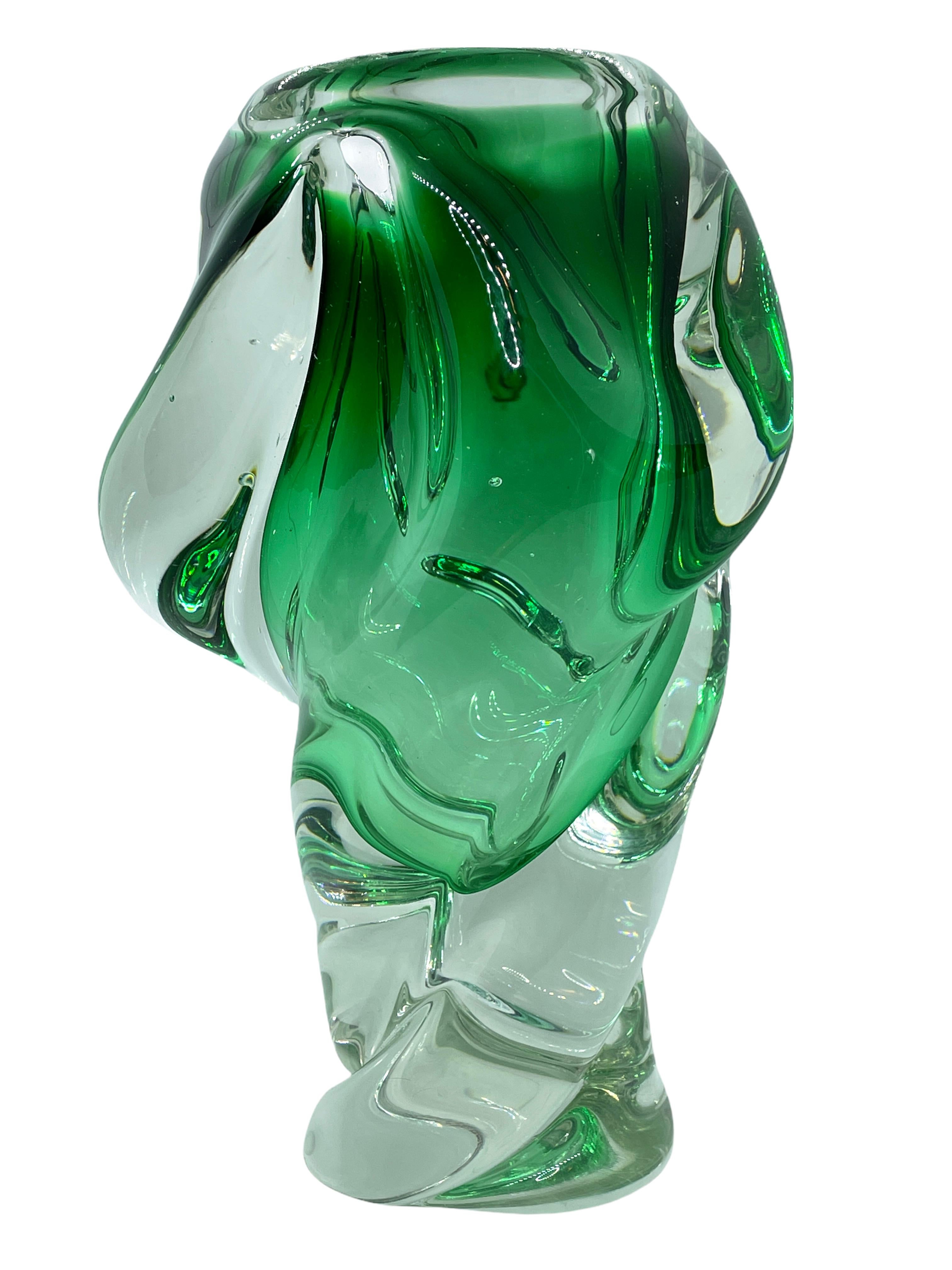 Italian Green and Clear Sommerso Art Glass Vase Object Sculpture Murano, Italy, 1980s
