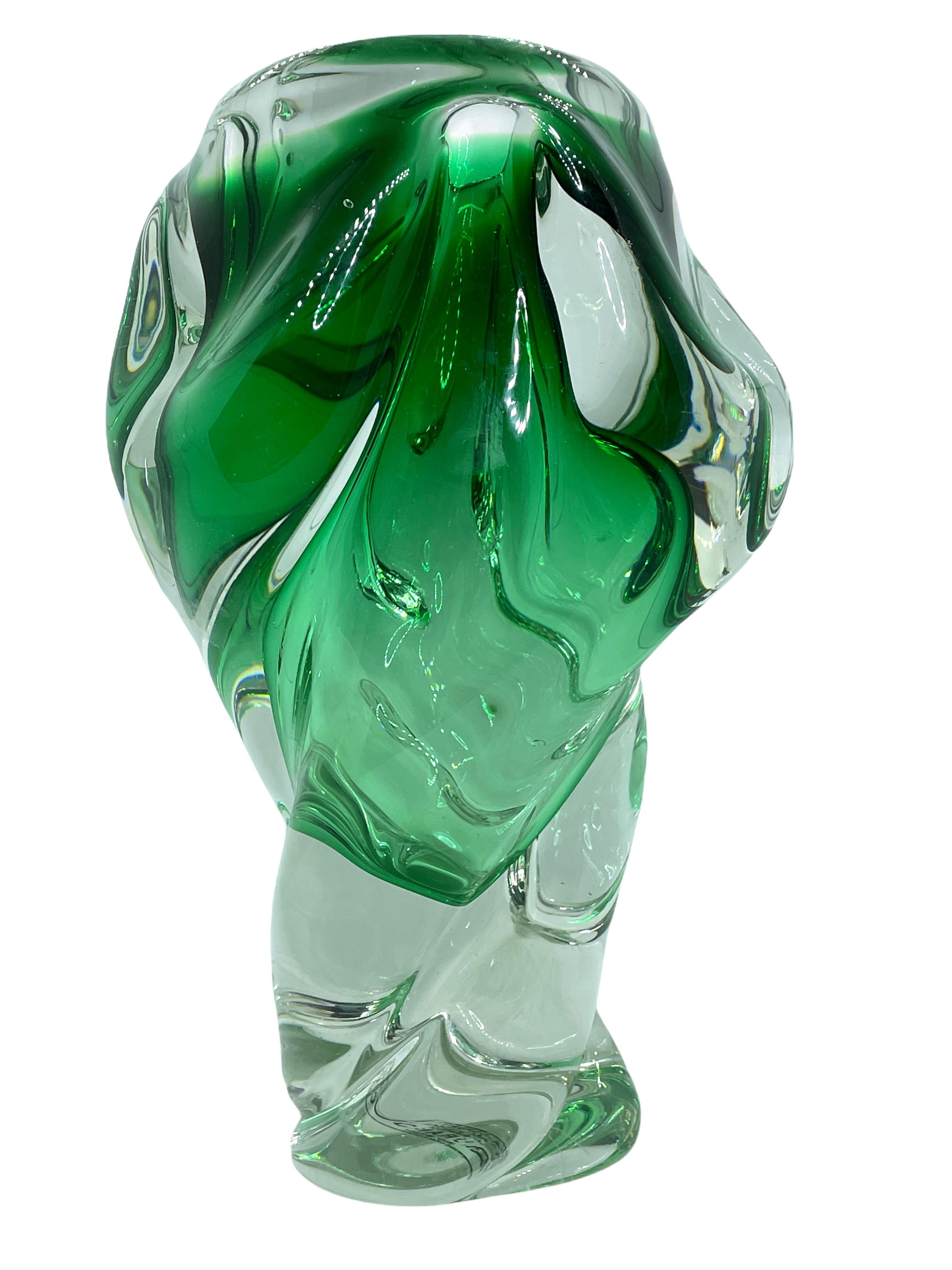 Hand-Crafted Green and Clear Sommerso Art Glass Vase Object Sculpture Murano, Italy, 1980s