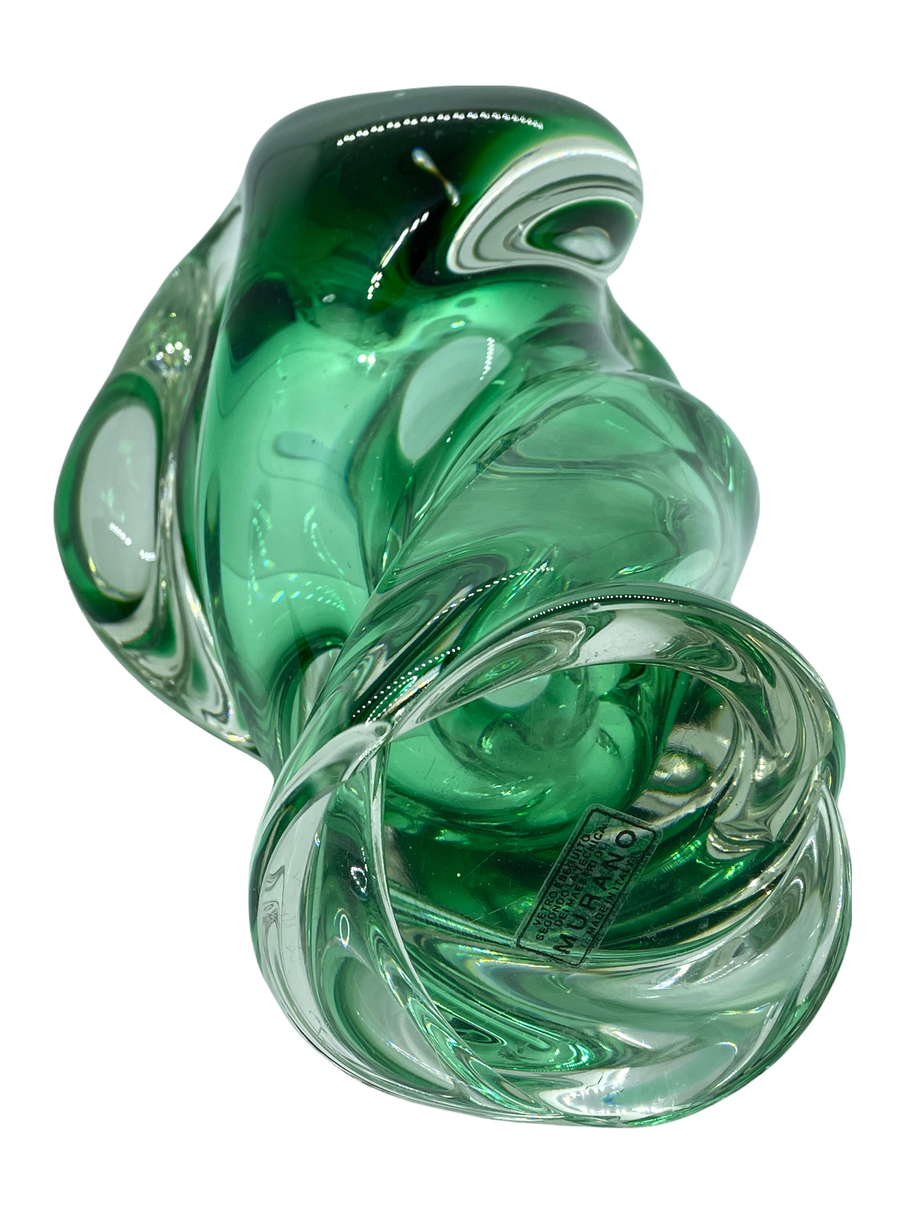 Late 20th Century Green and Clear Sommerso Art Glass Vase Object Sculpture Murano, Italy, 1980s