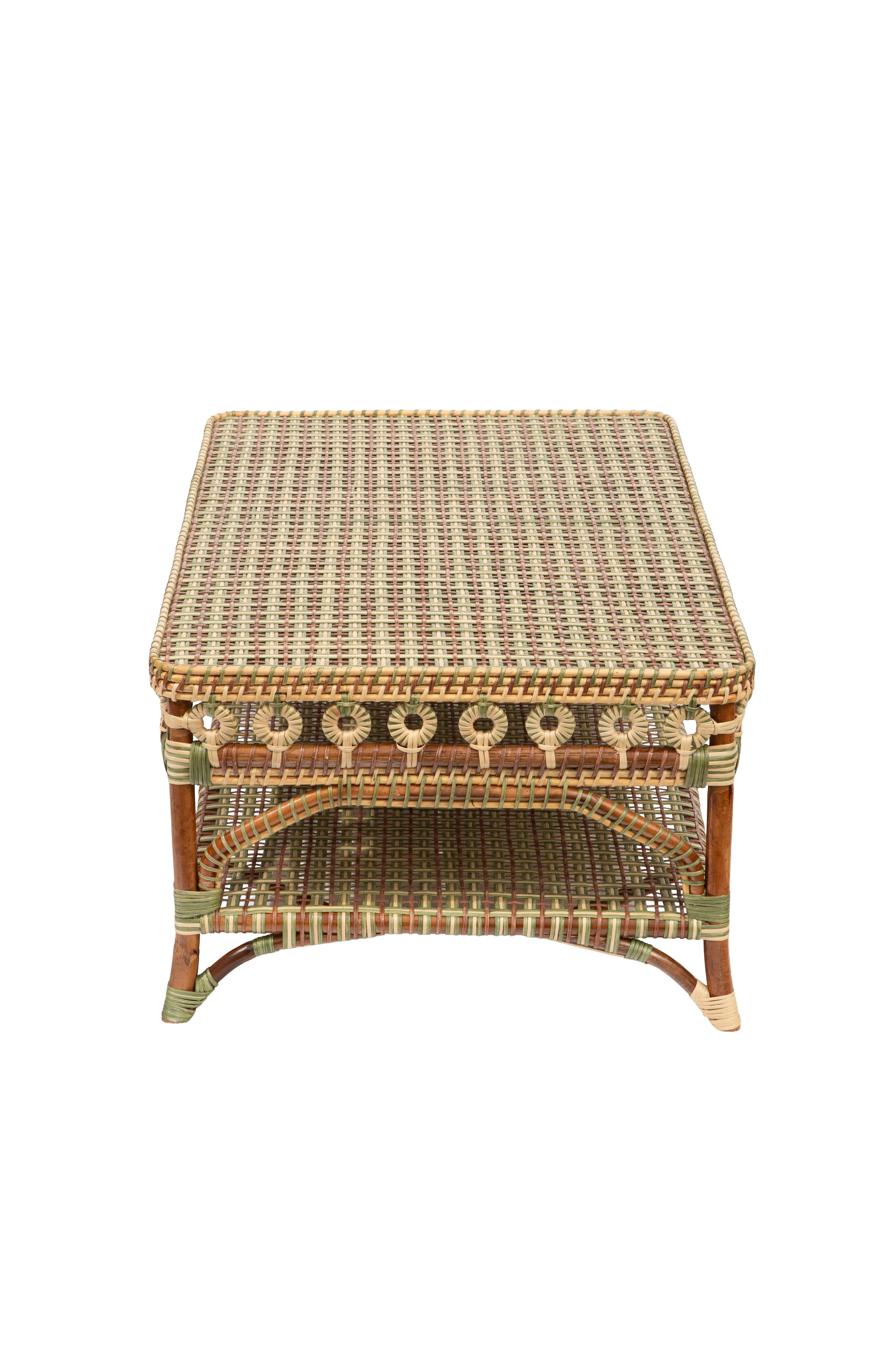 Hand-Woven Green and Cream Rattan Rectangular Coffee Table