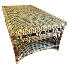 Green and Cream Rattan Rectangular Coffee Table