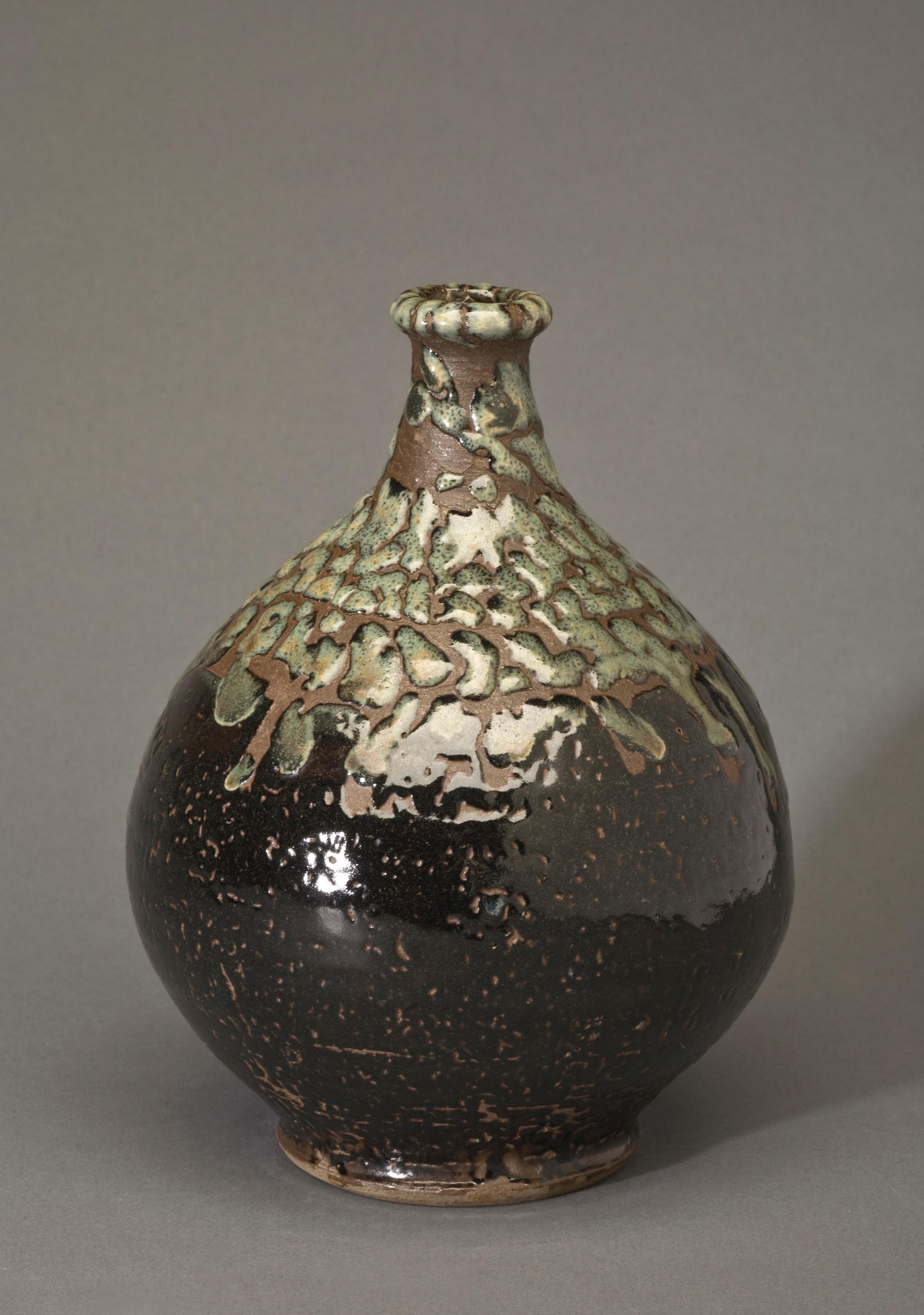Green and Dark Brown Japanese Vase with Green Raised Glaze For Sale 3