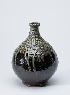 Green and Dark Brown Japanese Vase with Green Raised Glaze
