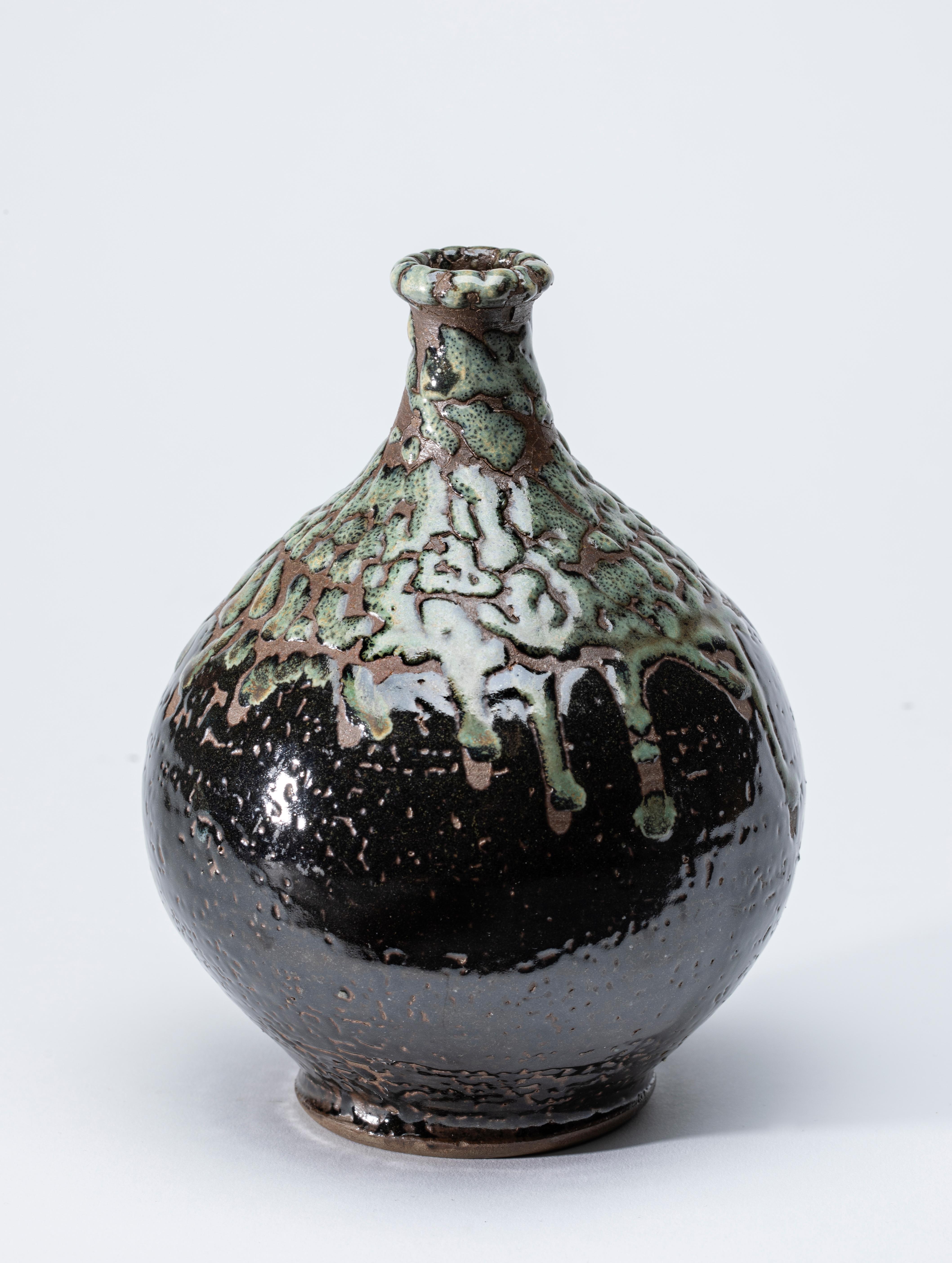 Showa Green and Dark Brown Japanese Vase with Green Raised Glaze For Sale
