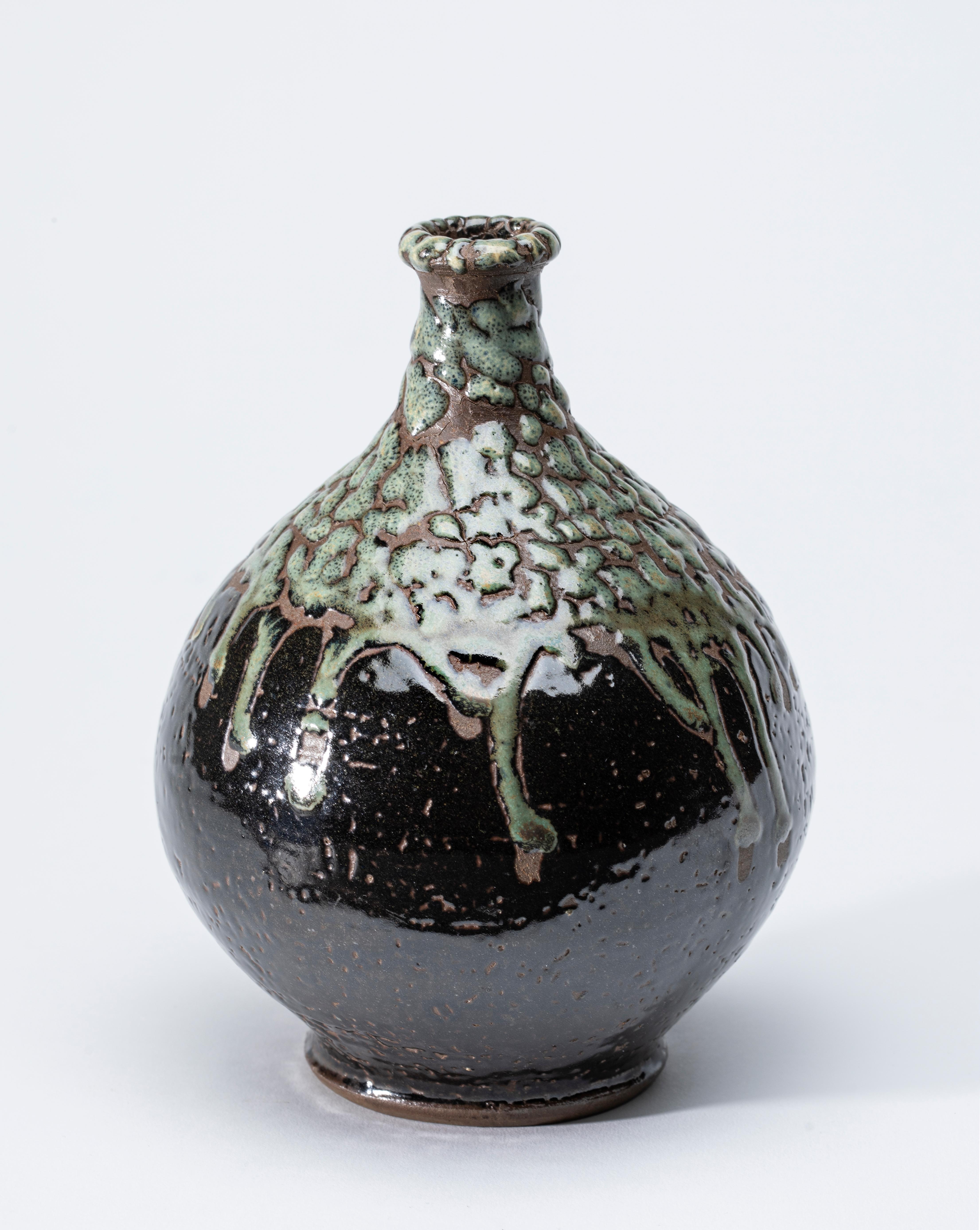 Glazed Green and Dark Brown Japanese Vase with Green Raised Glaze For Sale