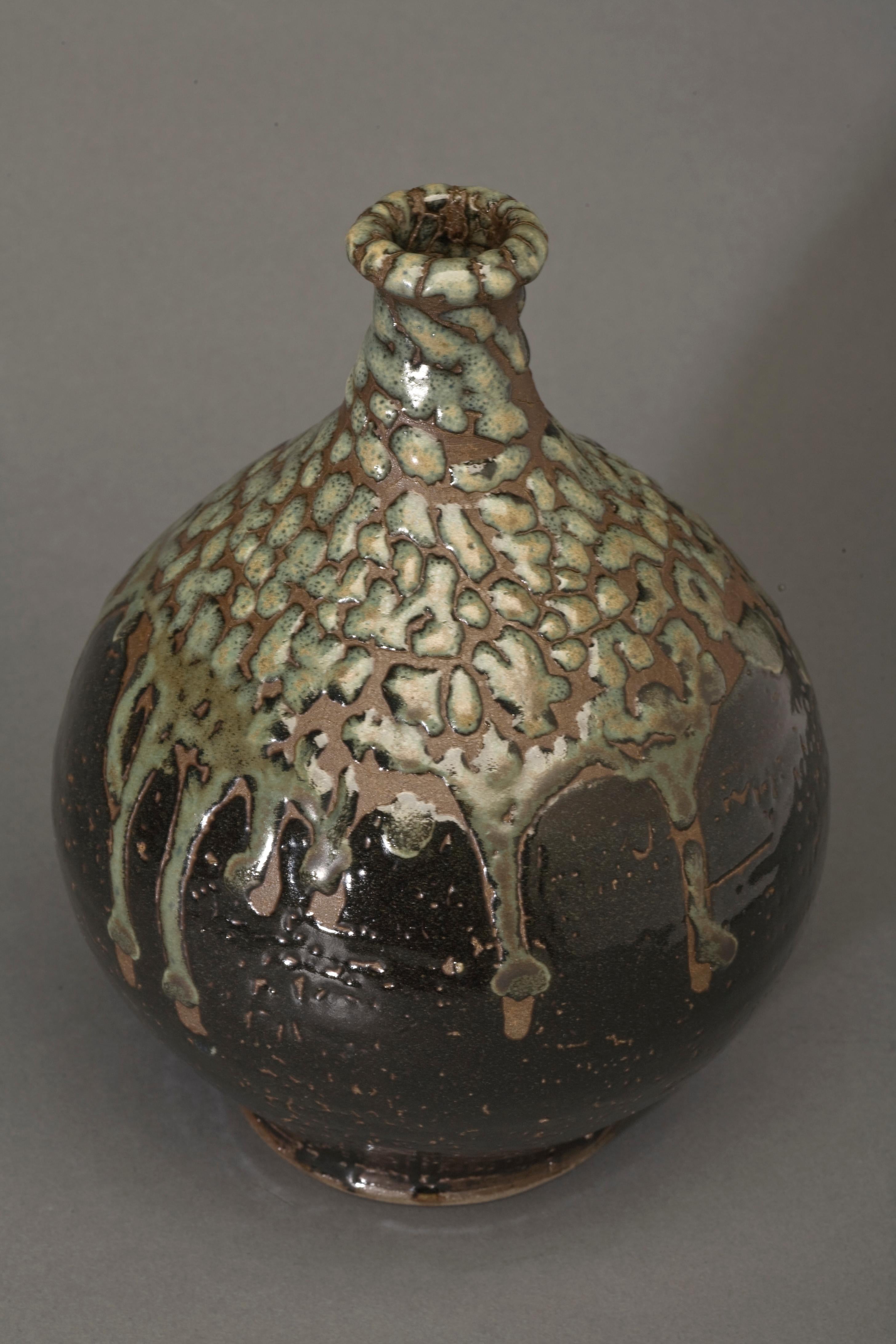 Clay Green and Dark Brown Japanese Vase with Green Raised Glaze For Sale