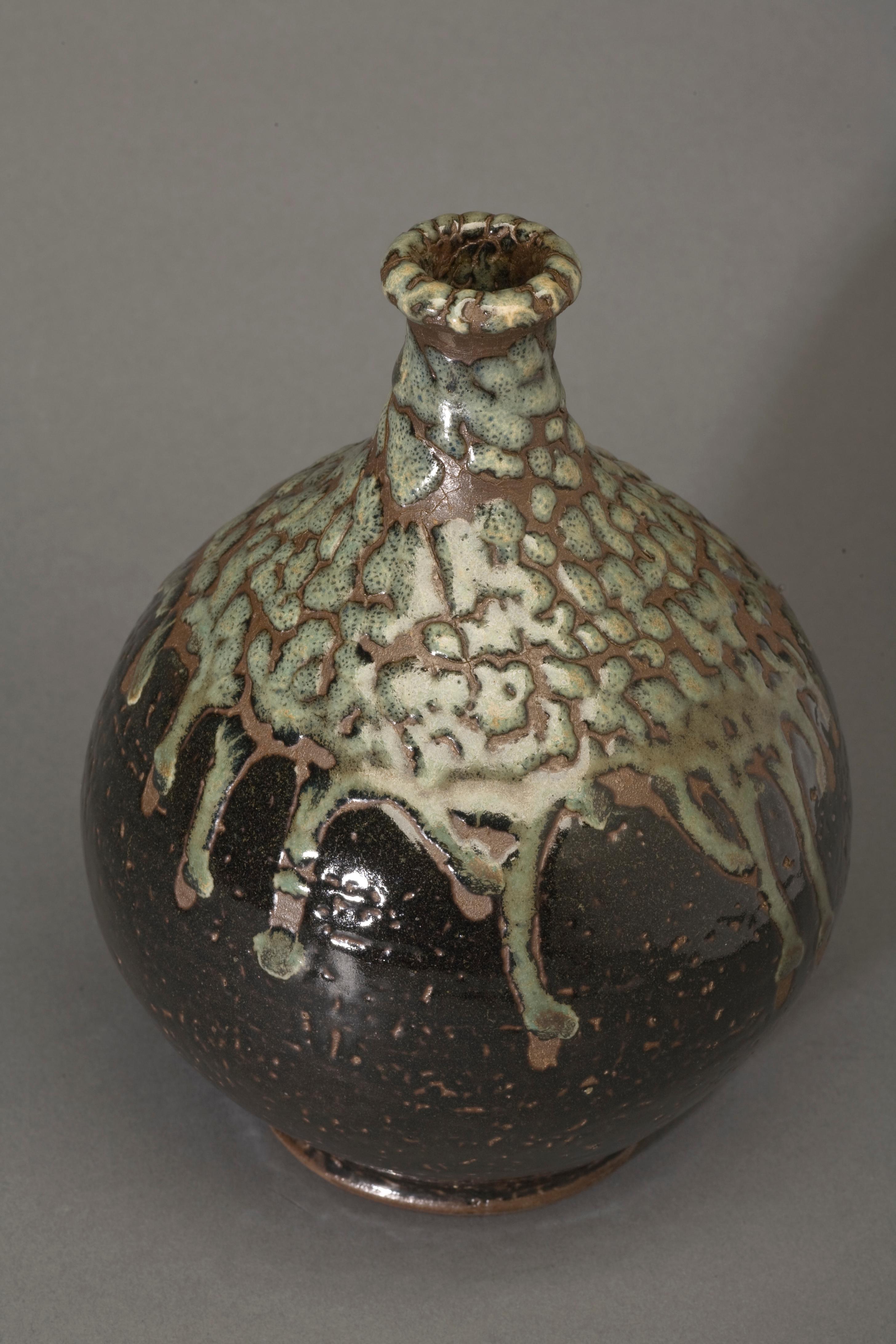 Green and Dark Brown Japanese Vase with Green Raised Glaze For Sale 1