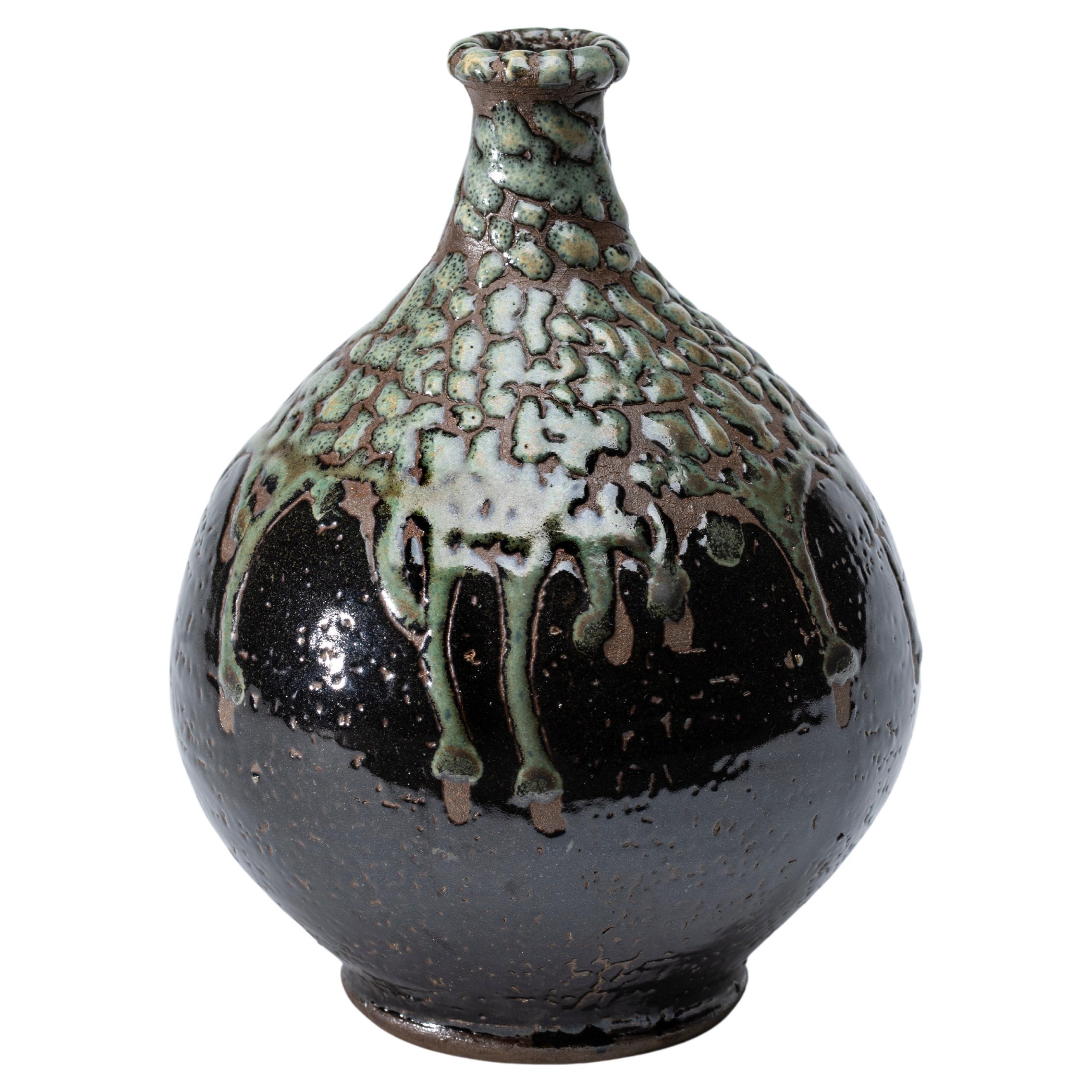 Green and Dark Brown Japanese Vase with Green Raised Glaze For Sale