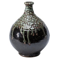 Vintage Green and Dark Brown Japanese Vase with Green Raised Glaze
