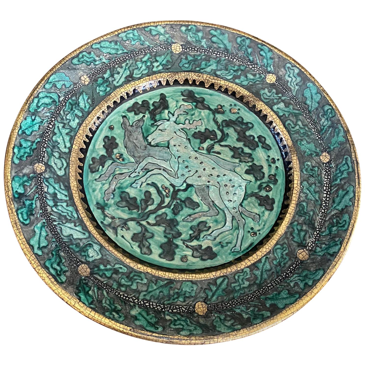 Green and Gilt Enamel Craquelure Charger by Andre Methey, Early 20th Century