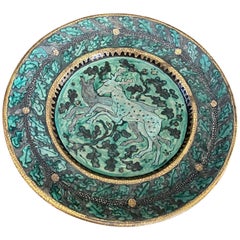 Antique Green and Gilt Enamel Craquelure Charger by Andre Methey, Early 20th Century
