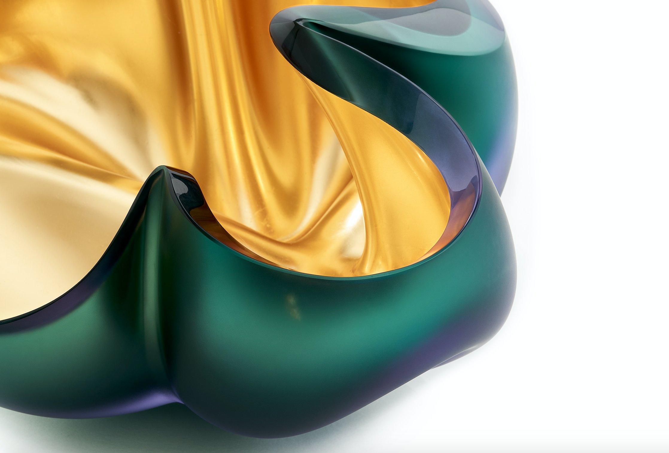 Green and Gold Contemporary Glass Sculpture, Barbara Nanning For Sale 1