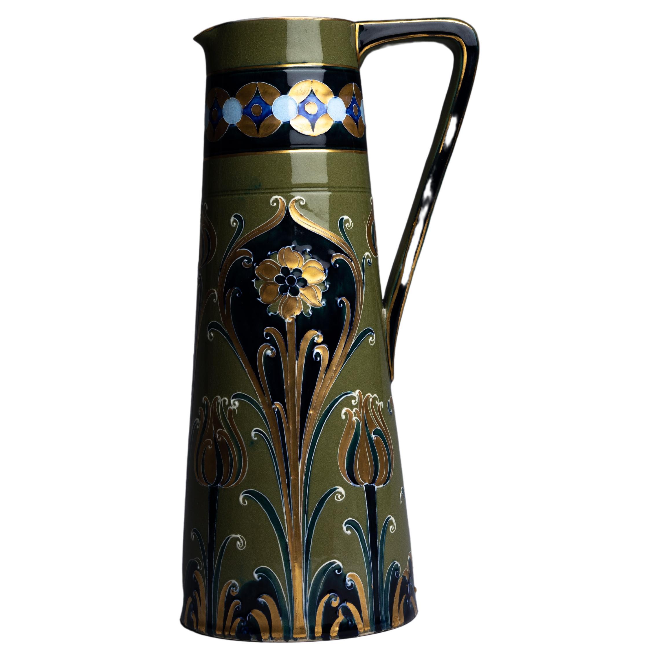 Green and Gold Florian Ware Pitcher by William Moorcroft For Sale