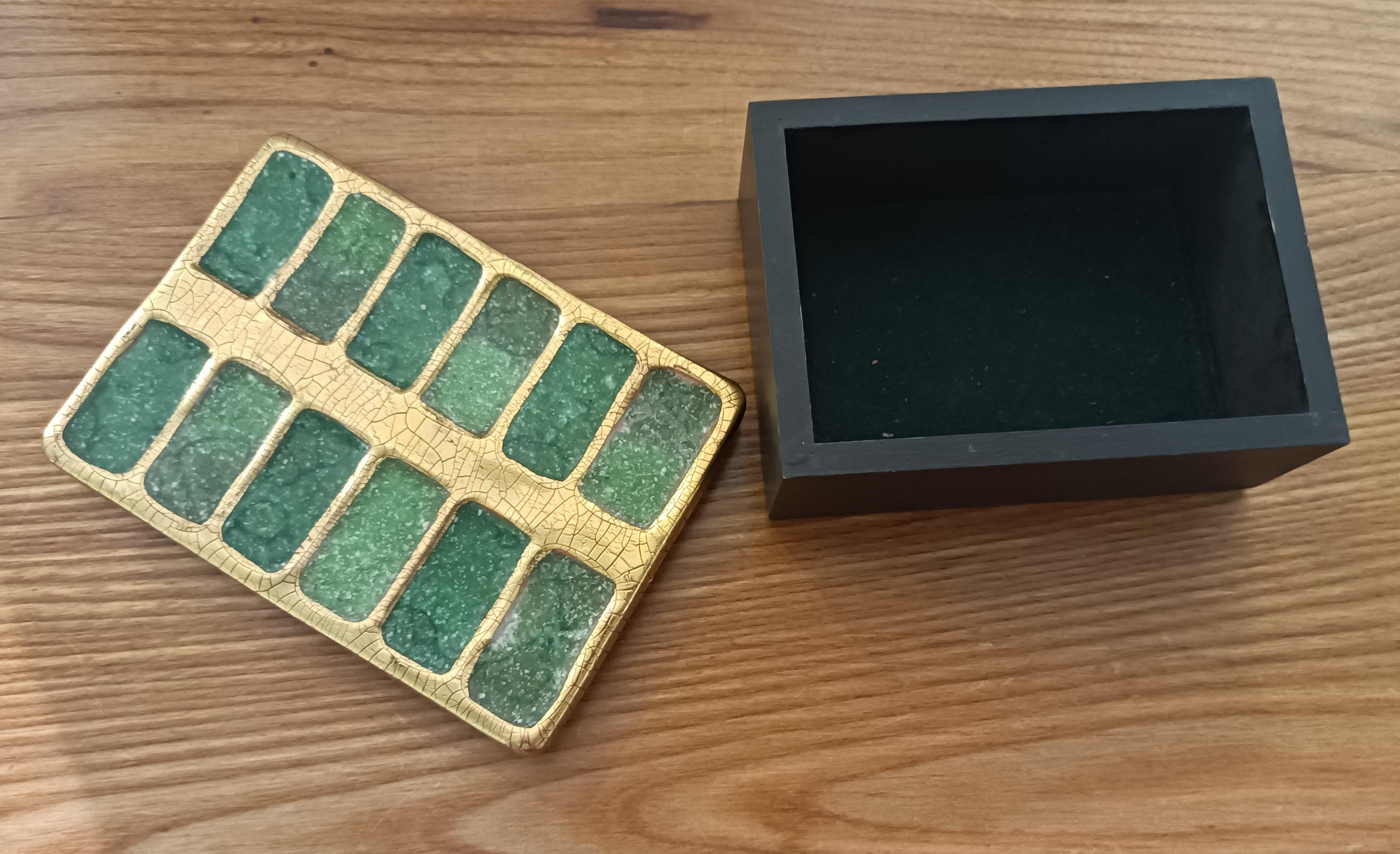 French Green and Gold Glazed Ceramic Box by Mithé Espelt, France, 1956