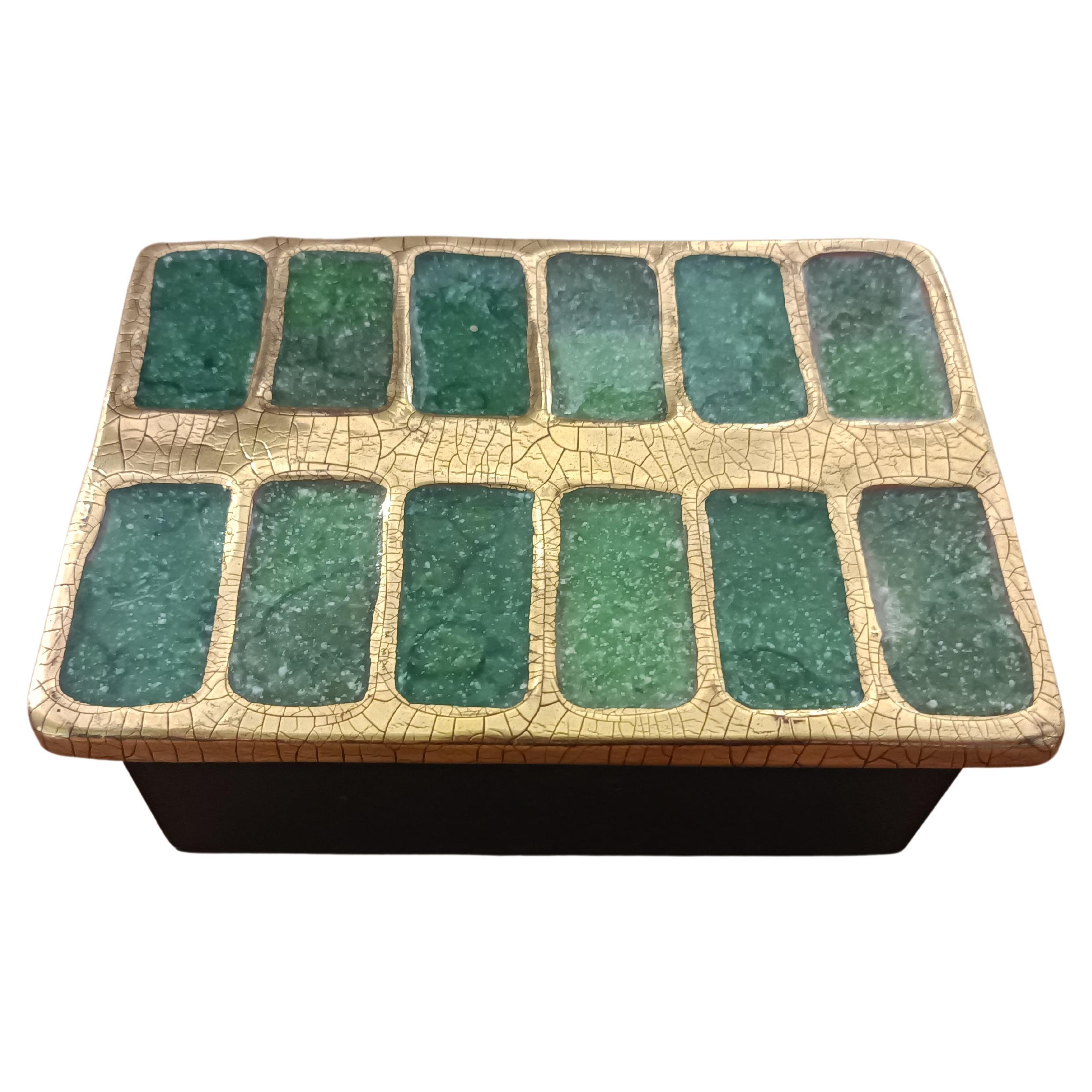 Green and Gold Glazed Ceramic Box by Mithé Espelt, France, 1956