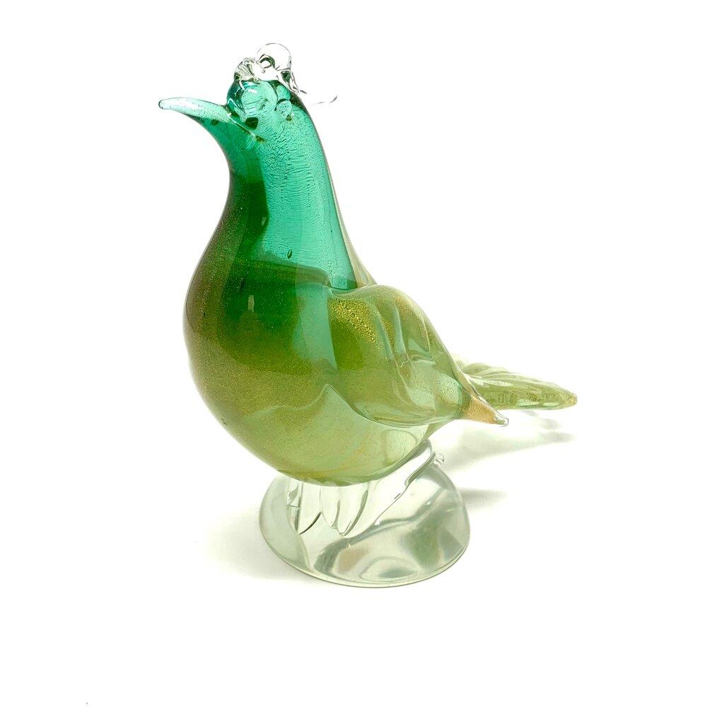 Mid-Century Modern Green and Gold Italian Murano Art Glass Bird