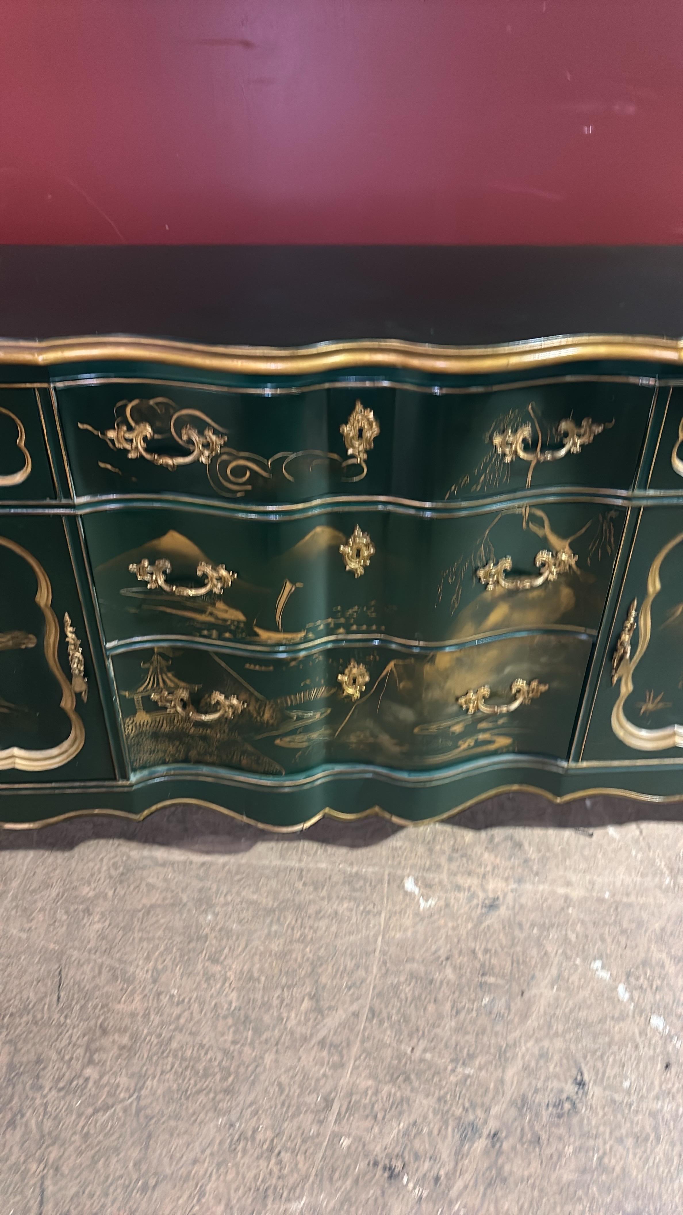 Green and Gold Lacquer French Louis XV Chinoiserie Painted Buffet Sideboard 5