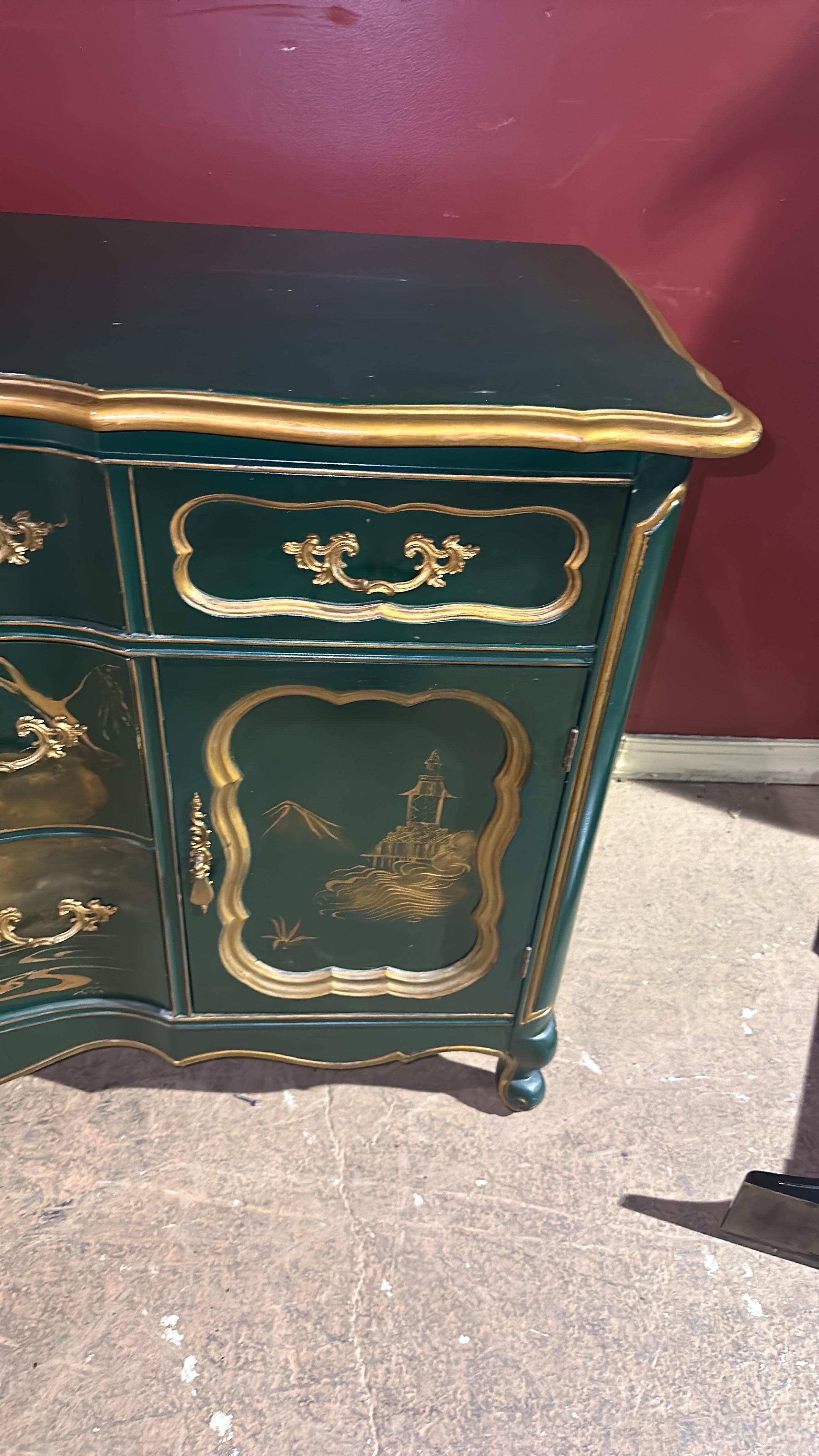 Green and Gold Lacquer French Louis XV Chinoiserie Painted Buffet Sideboard 6
