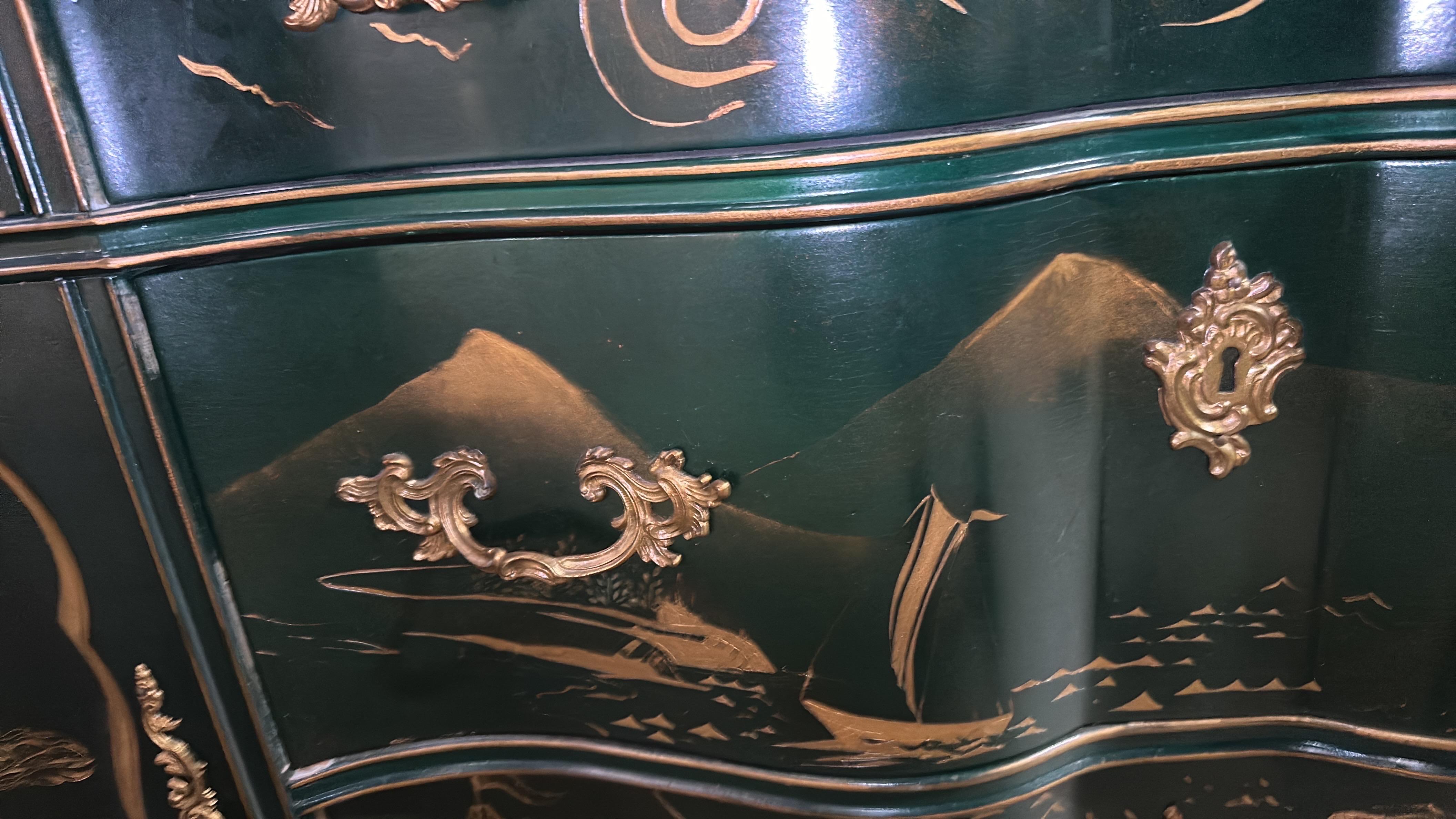 Unknown Green and Gold Lacquer French Louis XV Chinoiserie Painted Buffet Sideboard