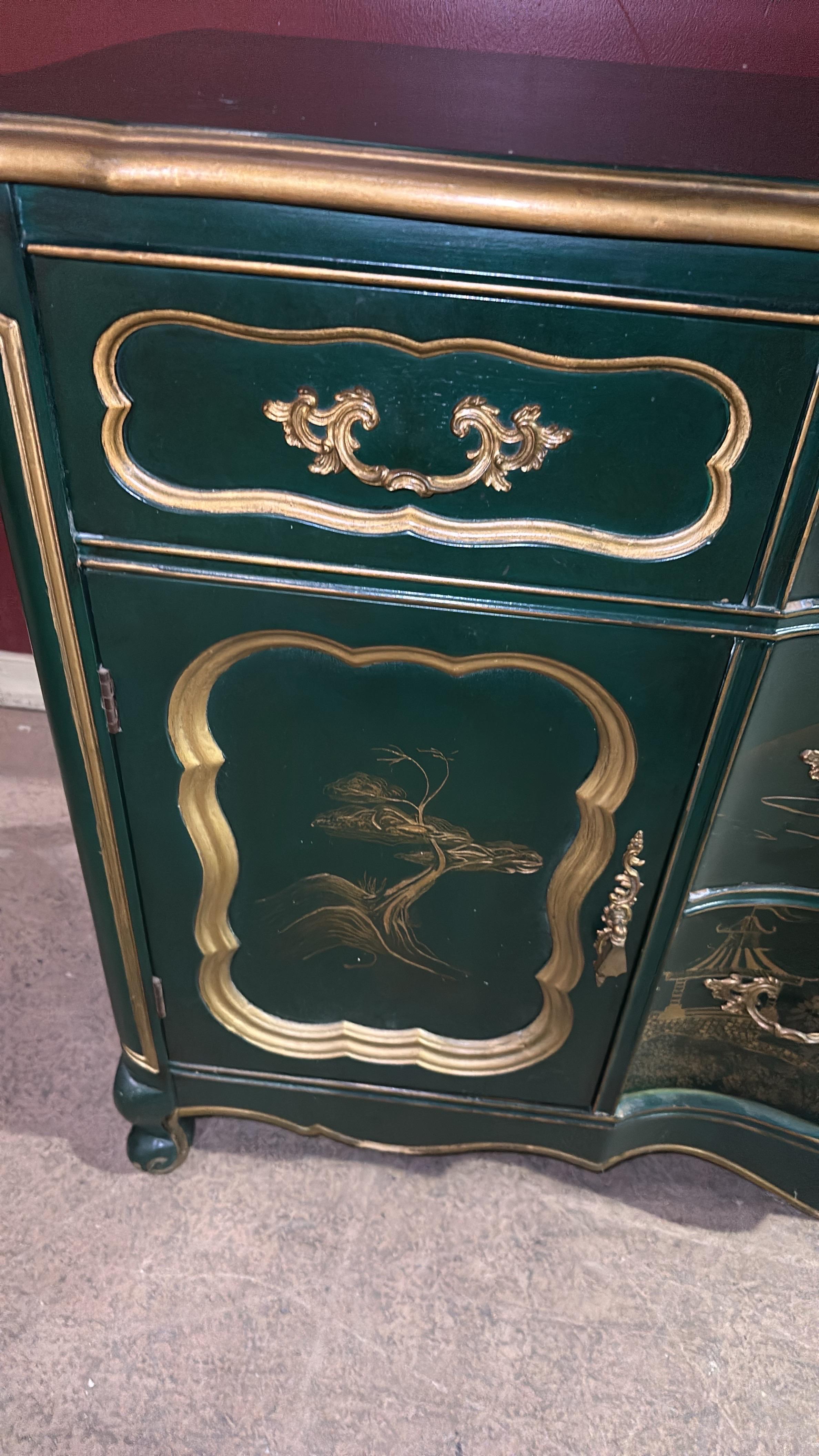 Mid-20th Century Green and Gold Lacquer French Louis XV Chinoiserie Painted Buffet Sideboard