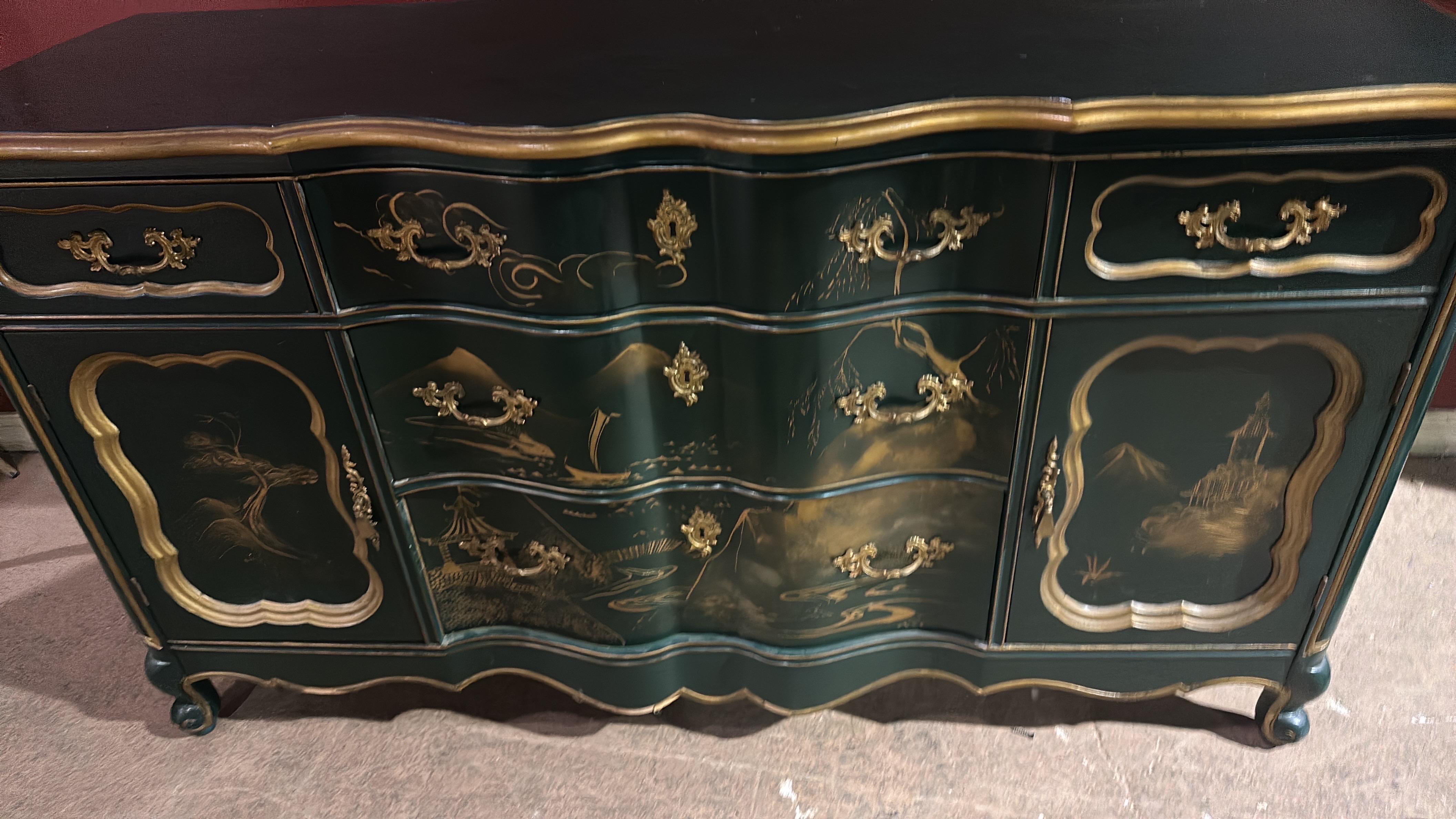 Green and Gold Lacquer French Louis XV Chinoiserie Painted Buffet Sideboard 1
