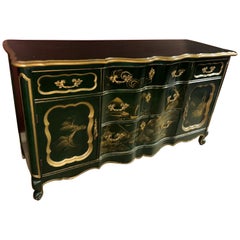 Green and Gold Lacquer French Louis XV Chinoiserie Painted Buffet Sideboard
