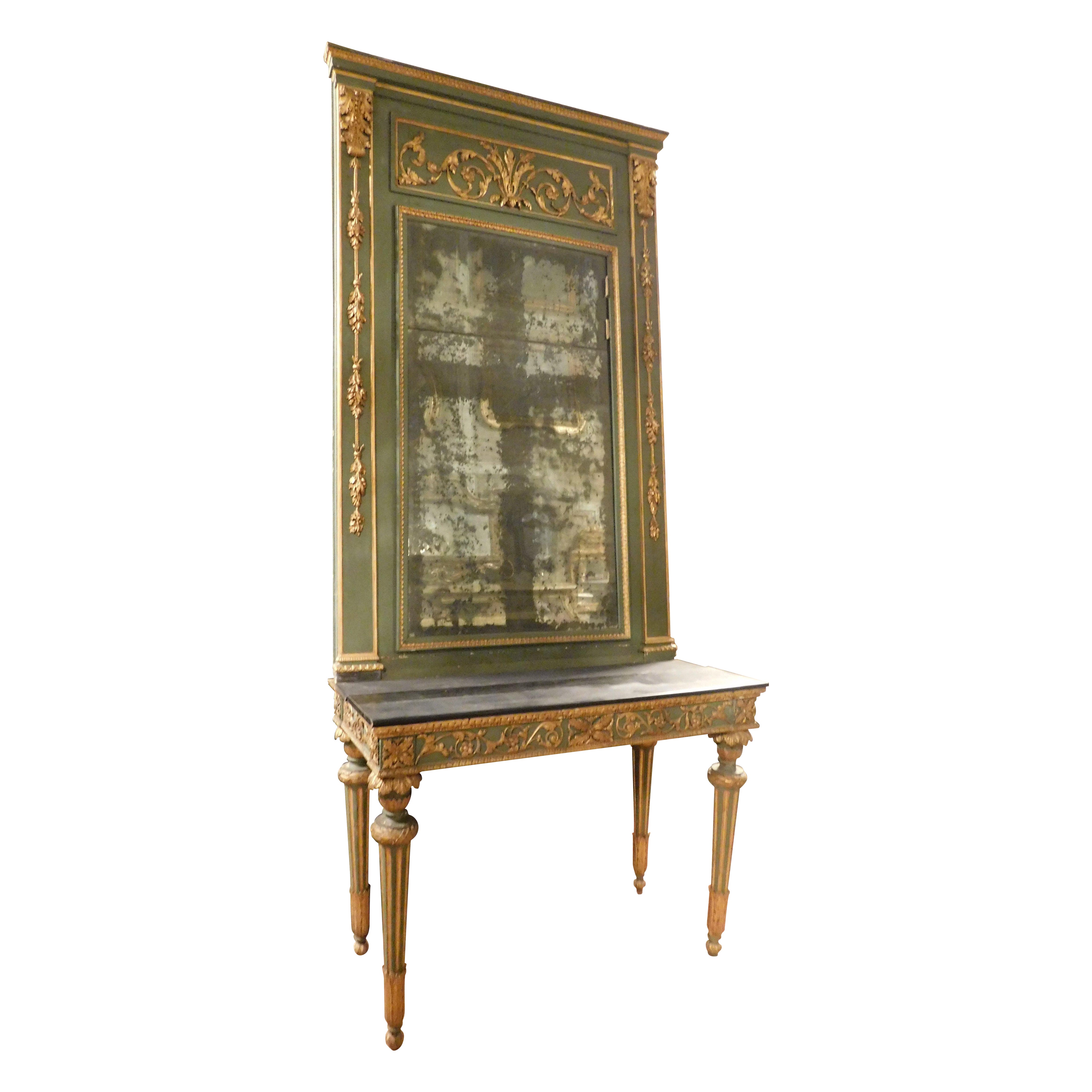 Consola lacada en verde y dorado con espejo y mesa, Francia en venta