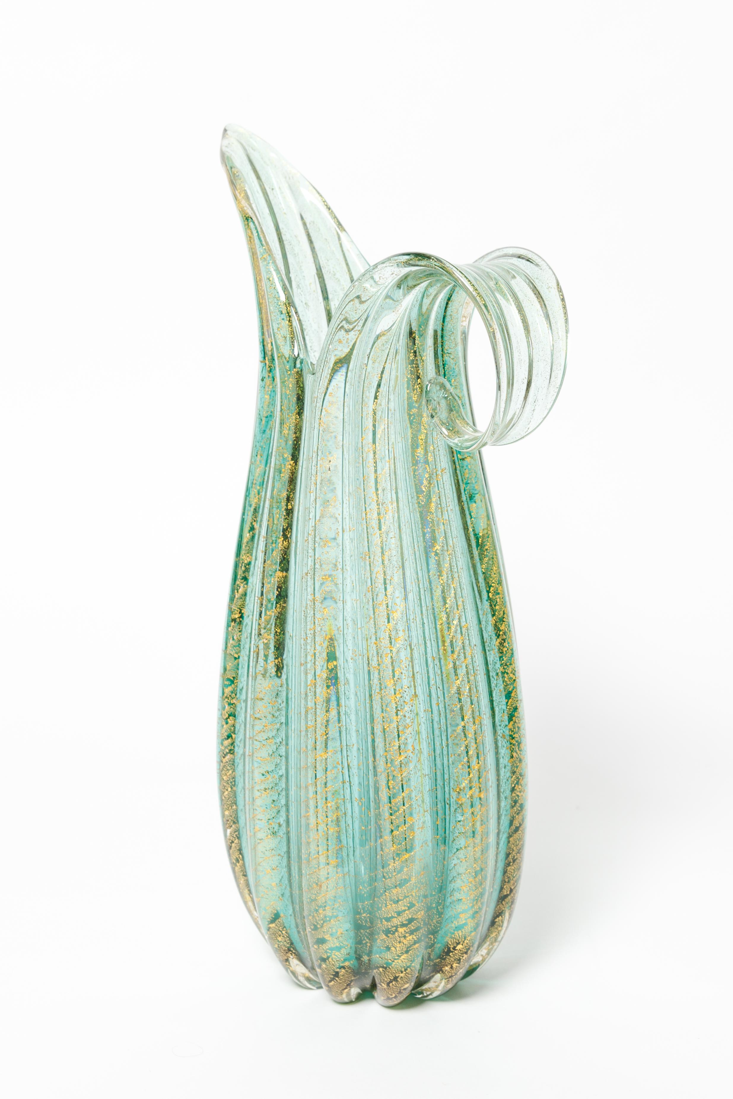 Italian Green and Gold Murano Glass Handled Pitcher with Diagonal Fluting For Sale