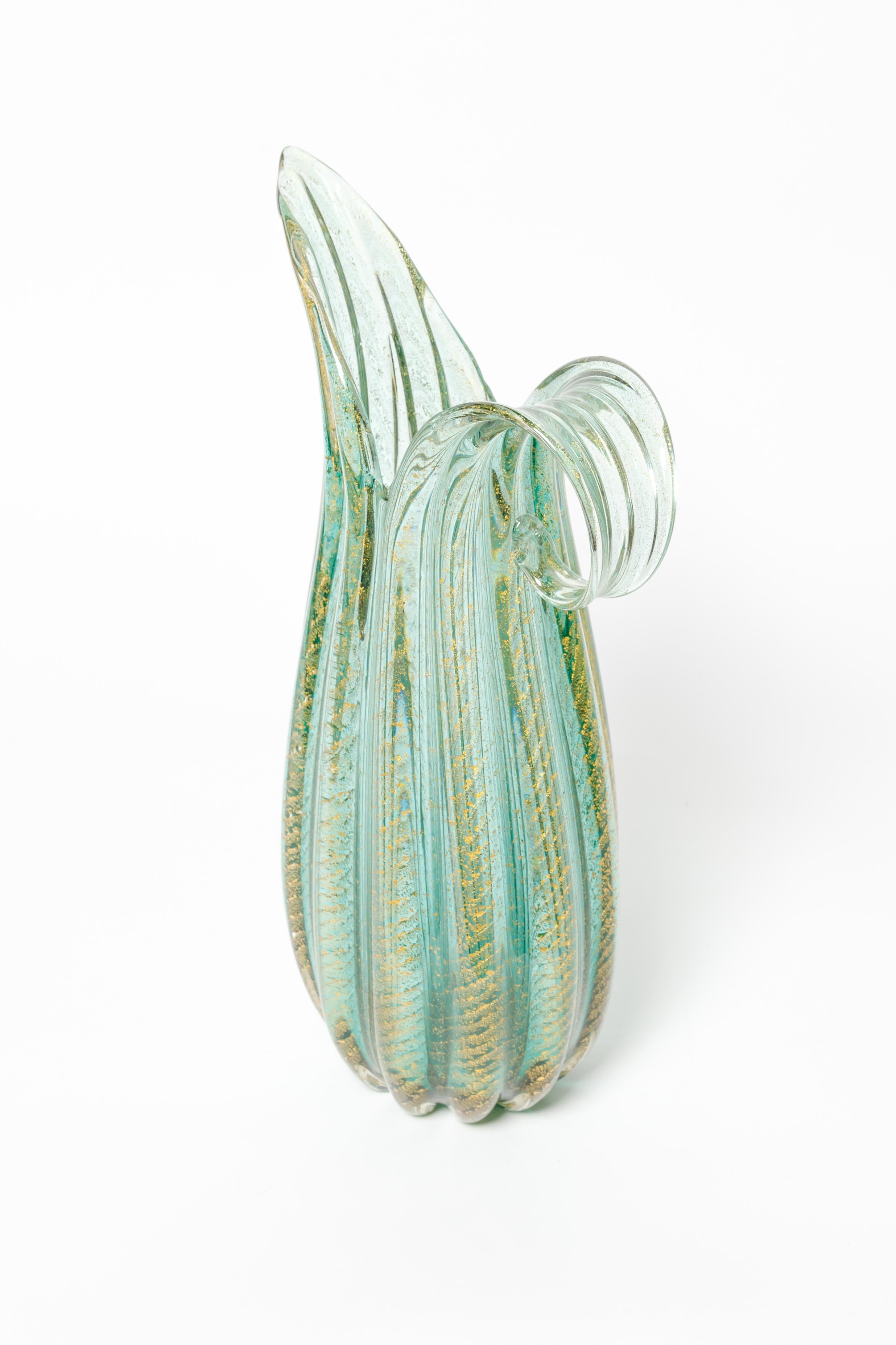 Green and Gold Murano Glass Handled Pitcher with Diagonal Fluting In Excellent Condition For Sale In Bridgehampton, NY