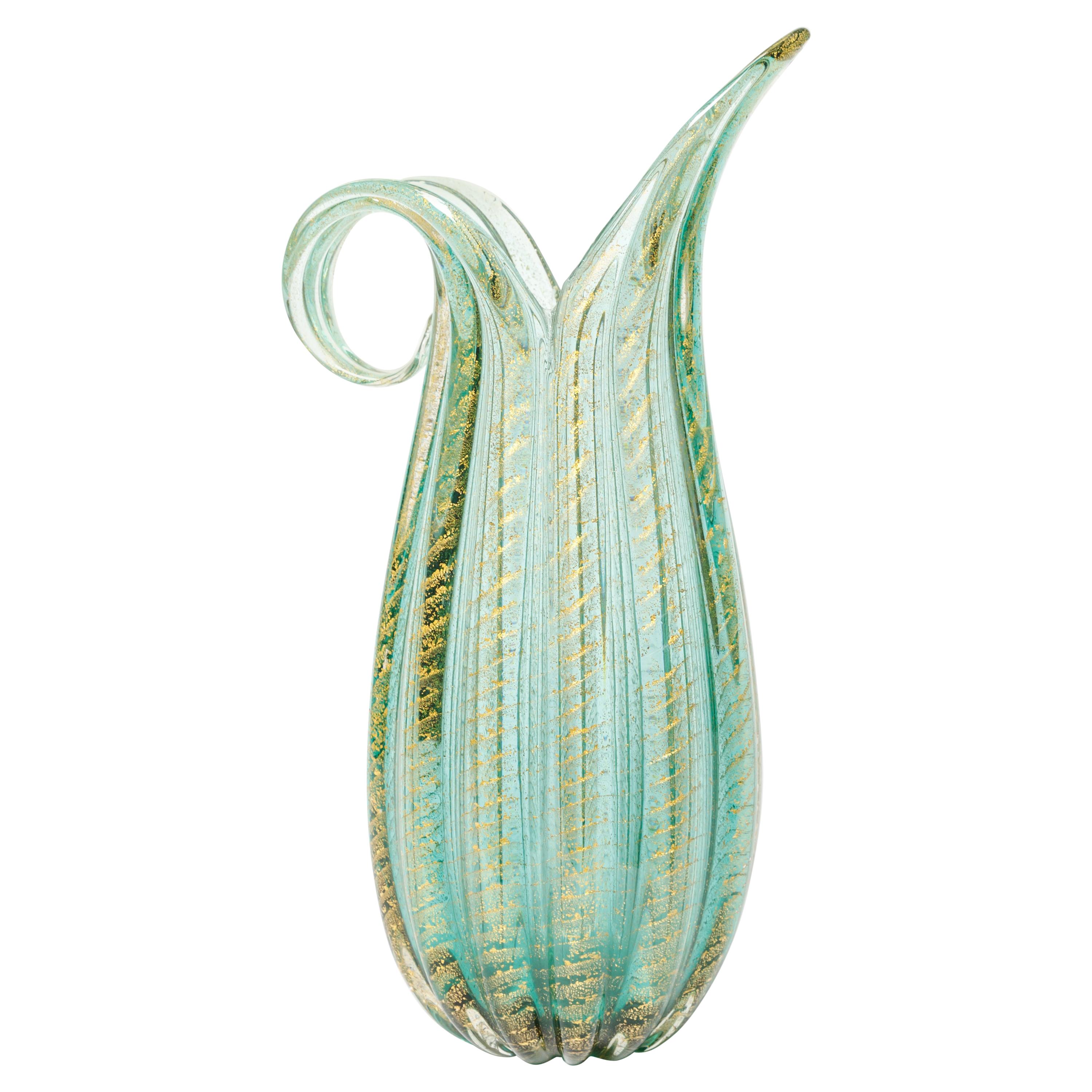 Green and Gold Murano Glass Handled Pitcher with Diagonal Fluting For Sale