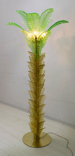 Green and Gold Murano Glass Palm Tree Floor Lamp, Brass Fittings, 1970s