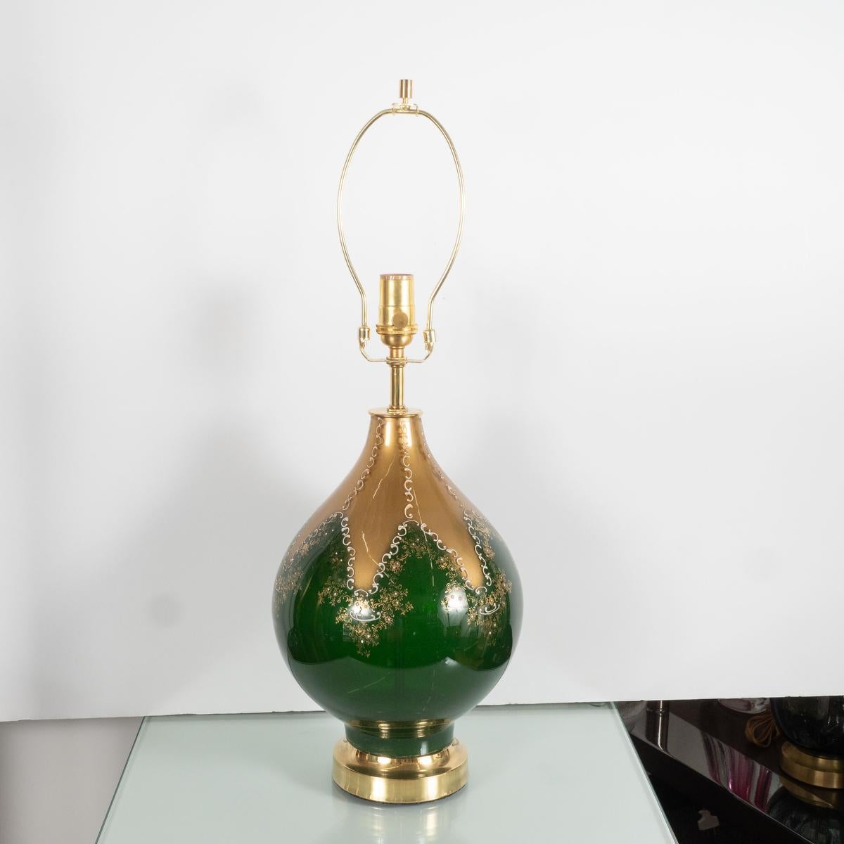 Mid-Century Modern Green and Gold Painted Glass Table Lamp For Sale