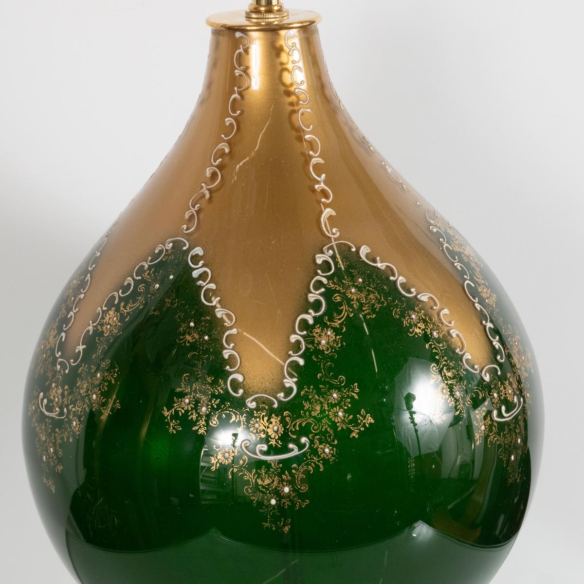 American Green and Gold Painted Glass Table Lamp For Sale
