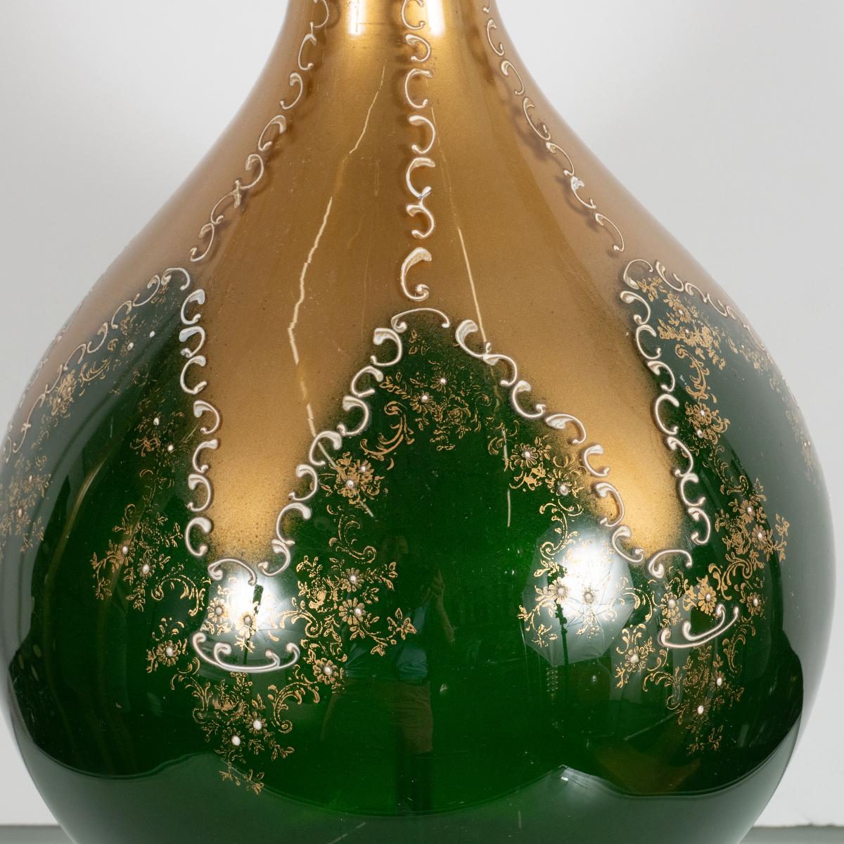 Blown Glass Green and Gold Painted Glass Table Lamp For Sale