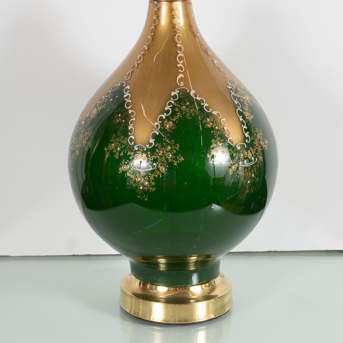 Green and Gold Painted Glass Table Lamp For Sale 1