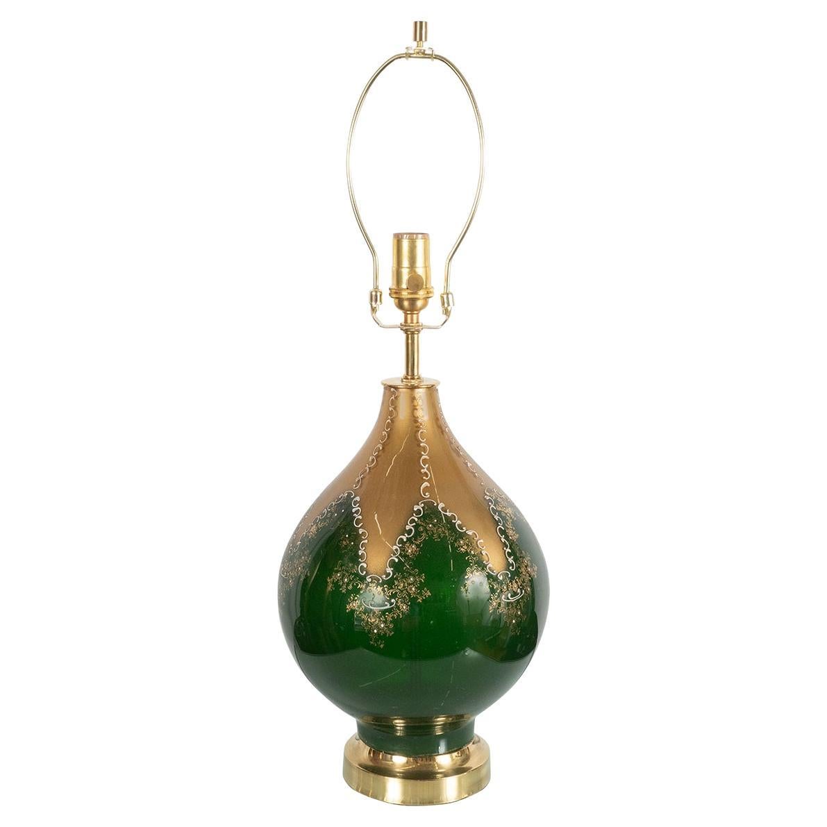 Green and Gold Painted Glass Table Lamp For Sale