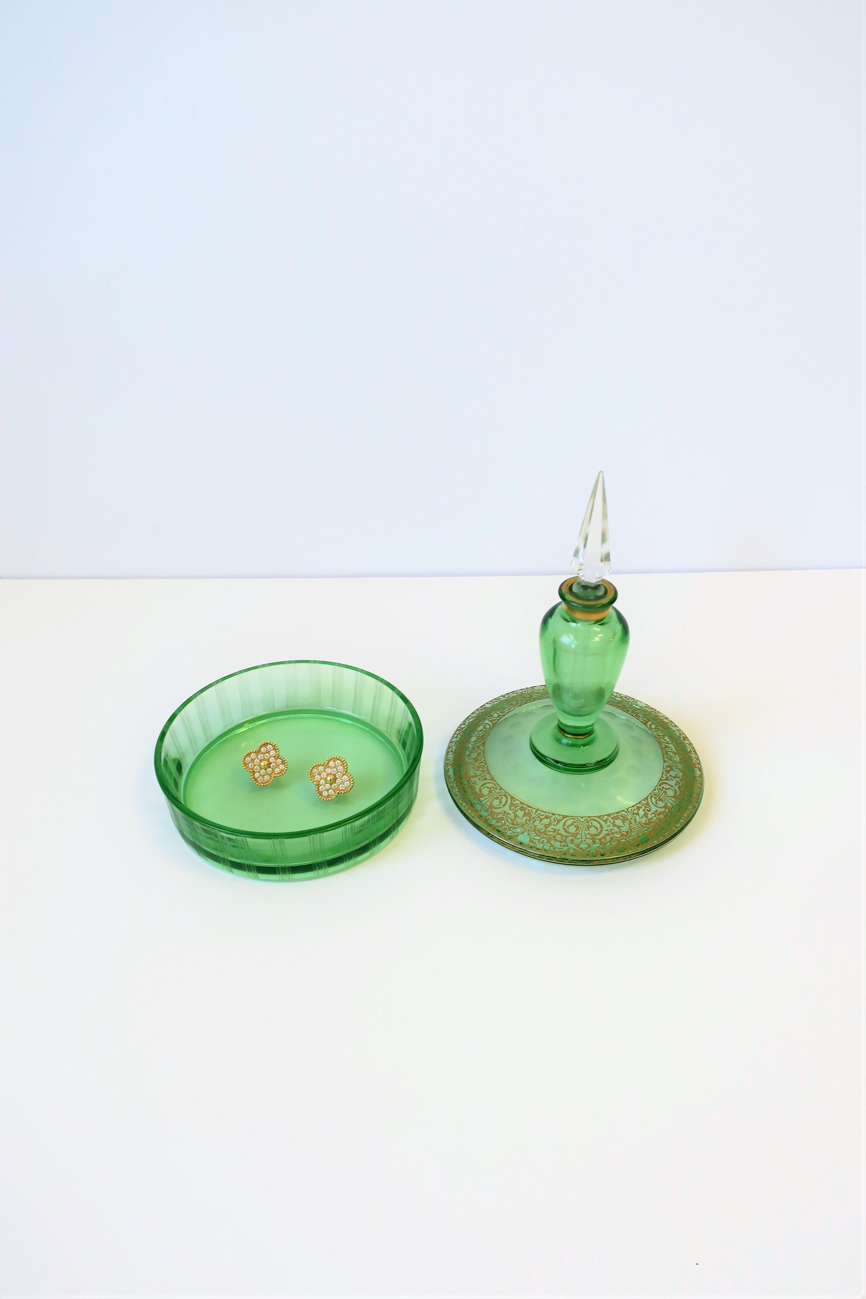 Bohemian Green Glass Box and Perfume Vanity Bottle For Sale