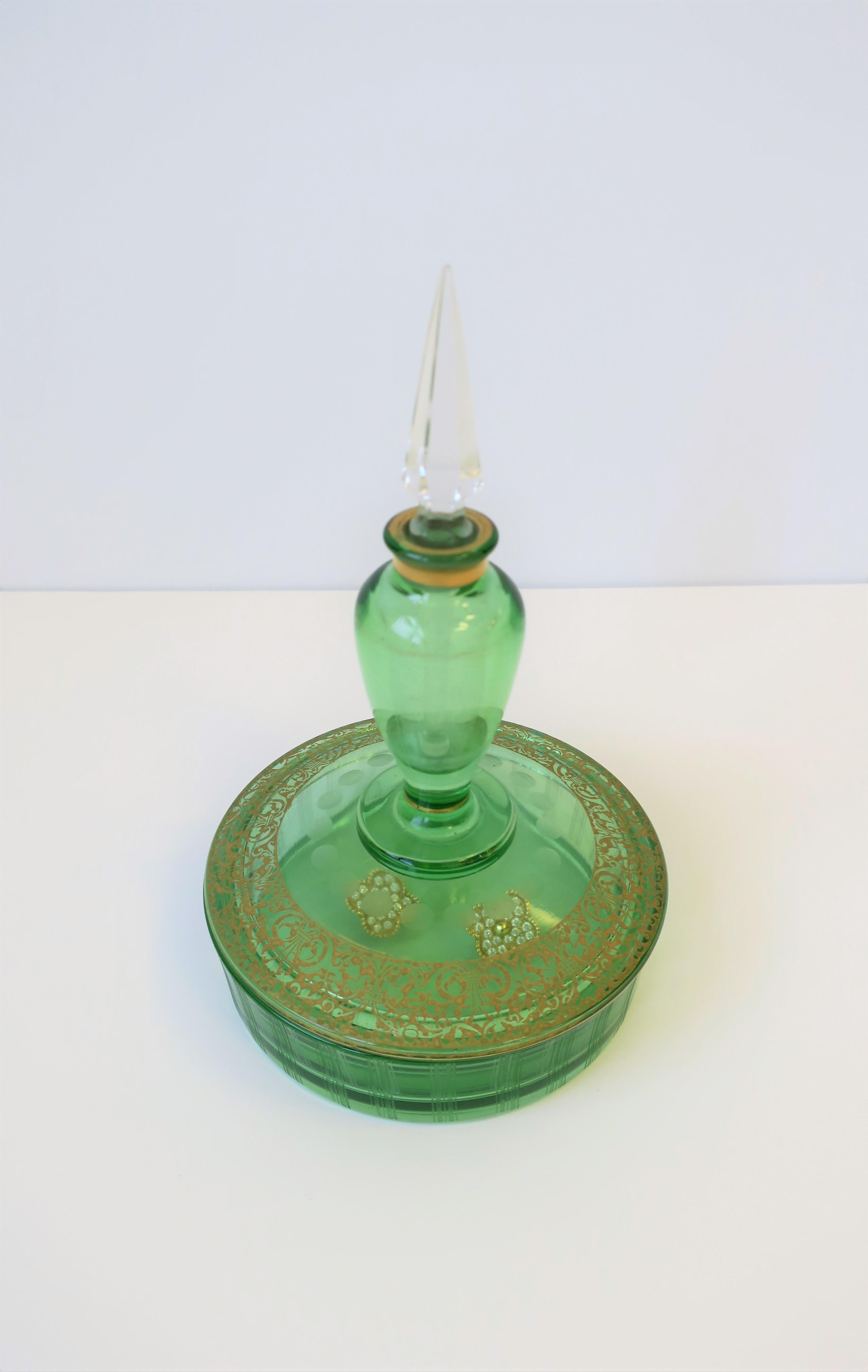 American Green Glass Box and Perfume Vanity Bottle For Sale