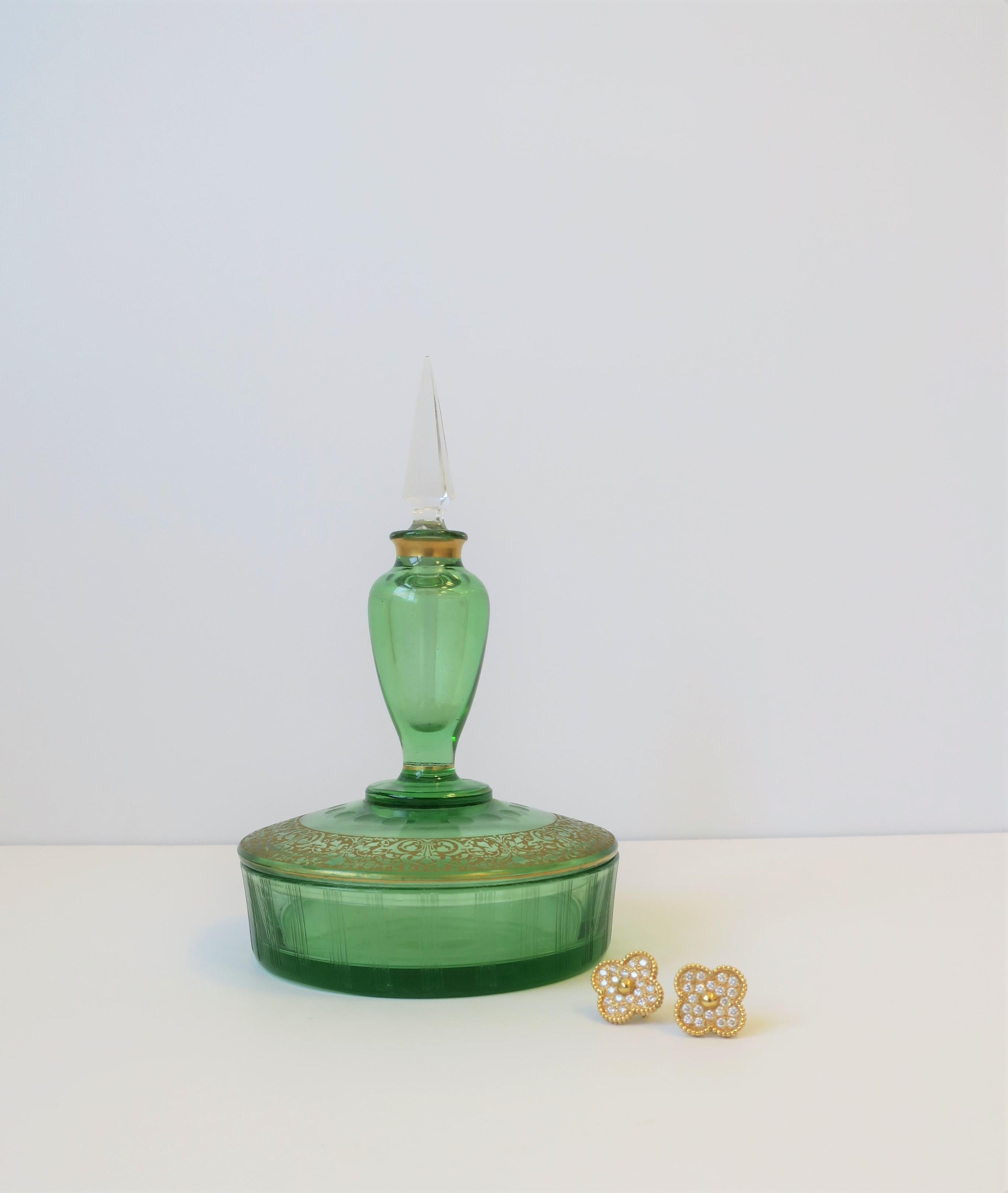 Gilt Green Glass Box and Perfume Vanity Bottle For Sale