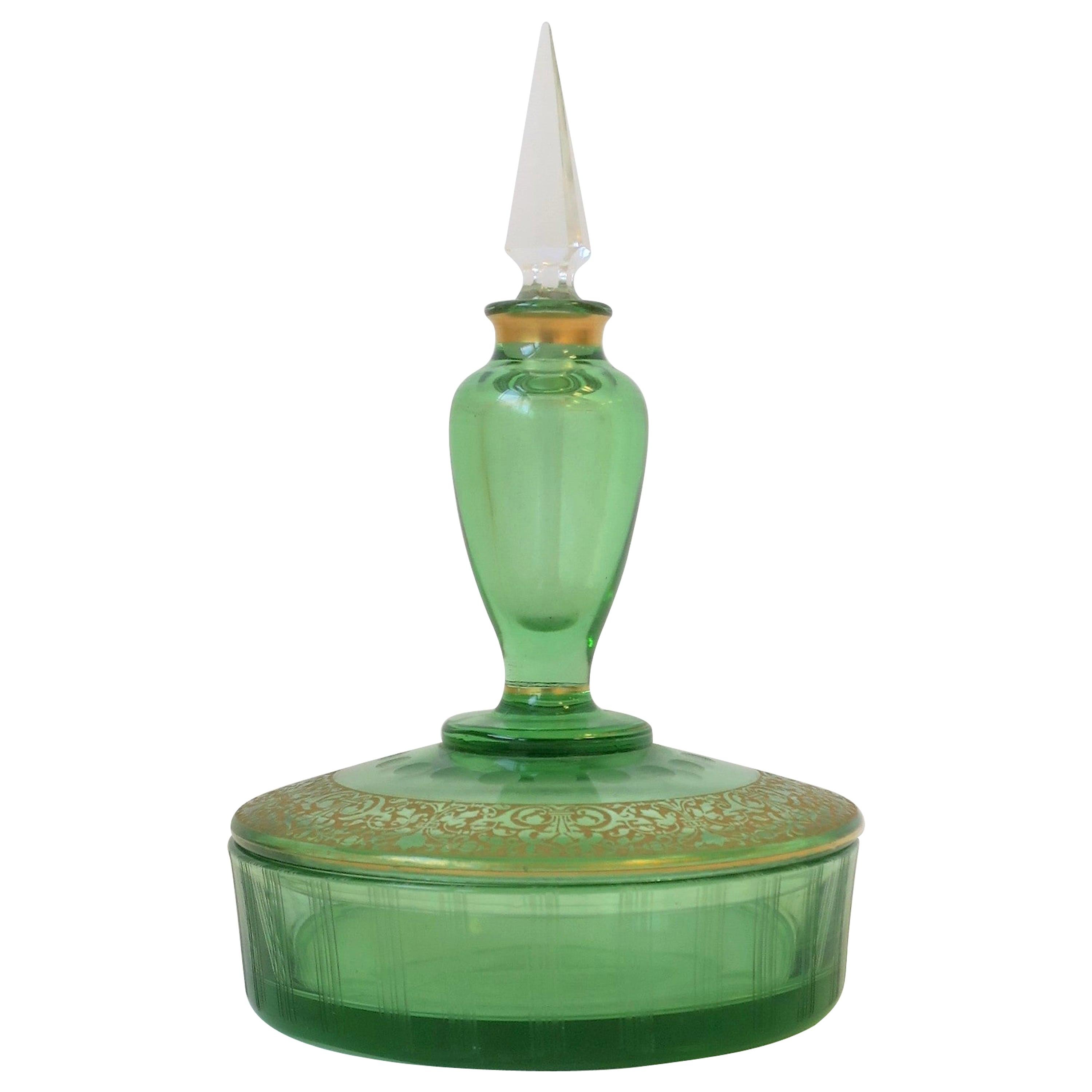 Green and Gold Round Glass Box and Perfume Vanity Bottle